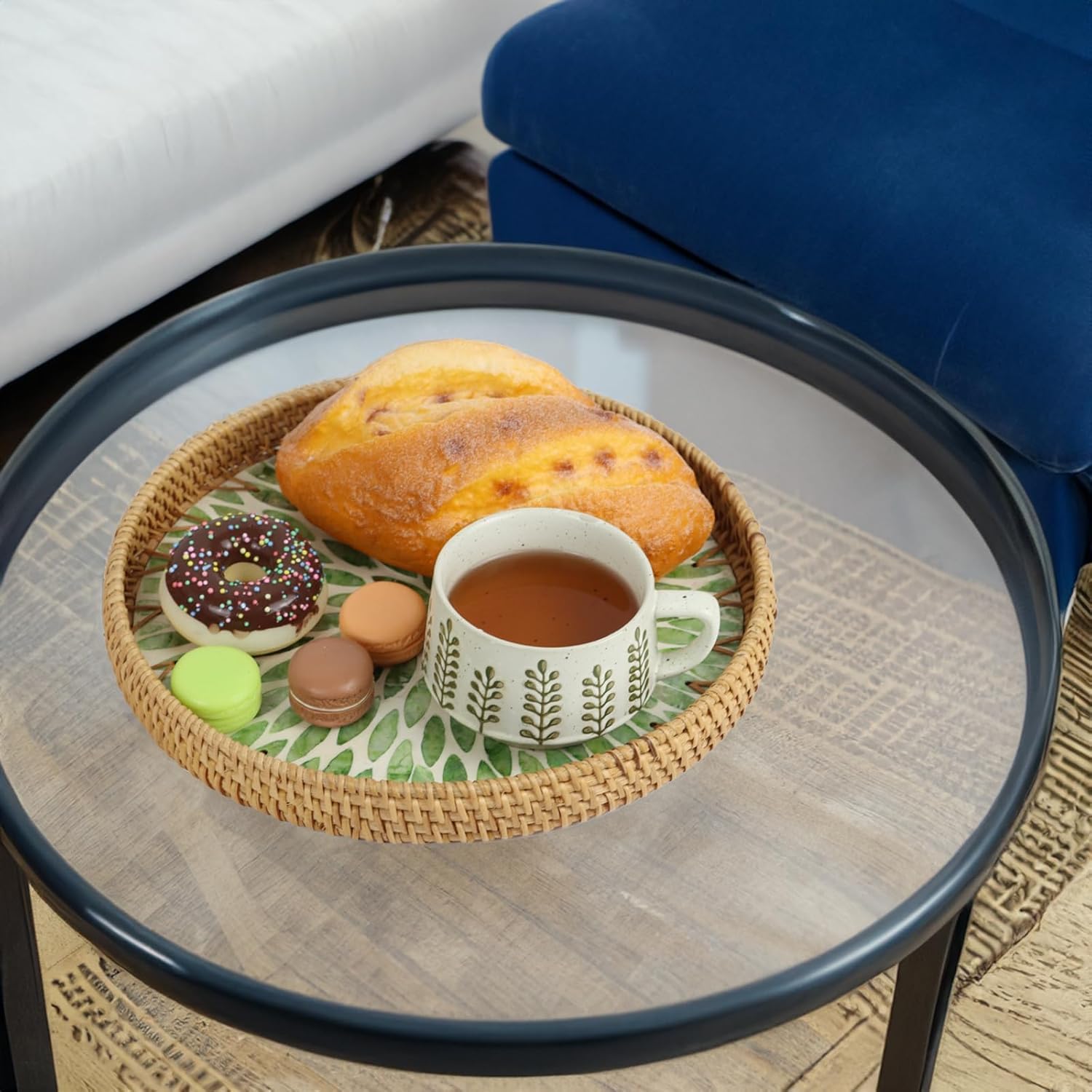 Rattan Tray / Round Serving Trays / Green Leaf / Set of 11