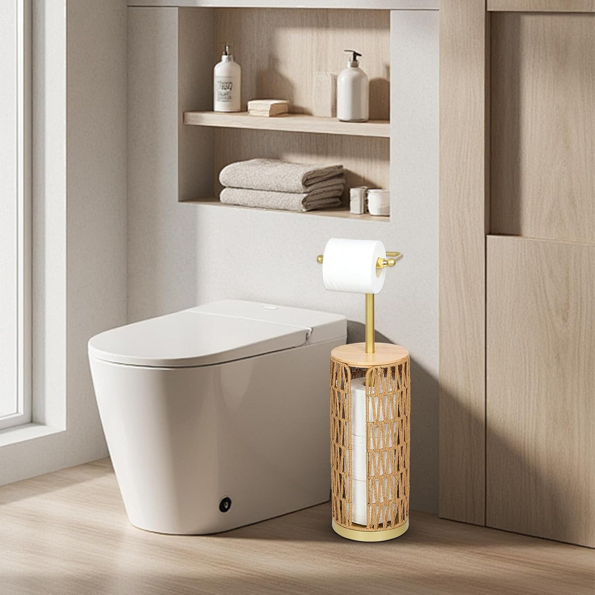 Freestanding Toilet Paper Holder with Storage,3 Rolls of Boho Toilet Paper Holder Stand with Lid,Gold Toilet Tissue