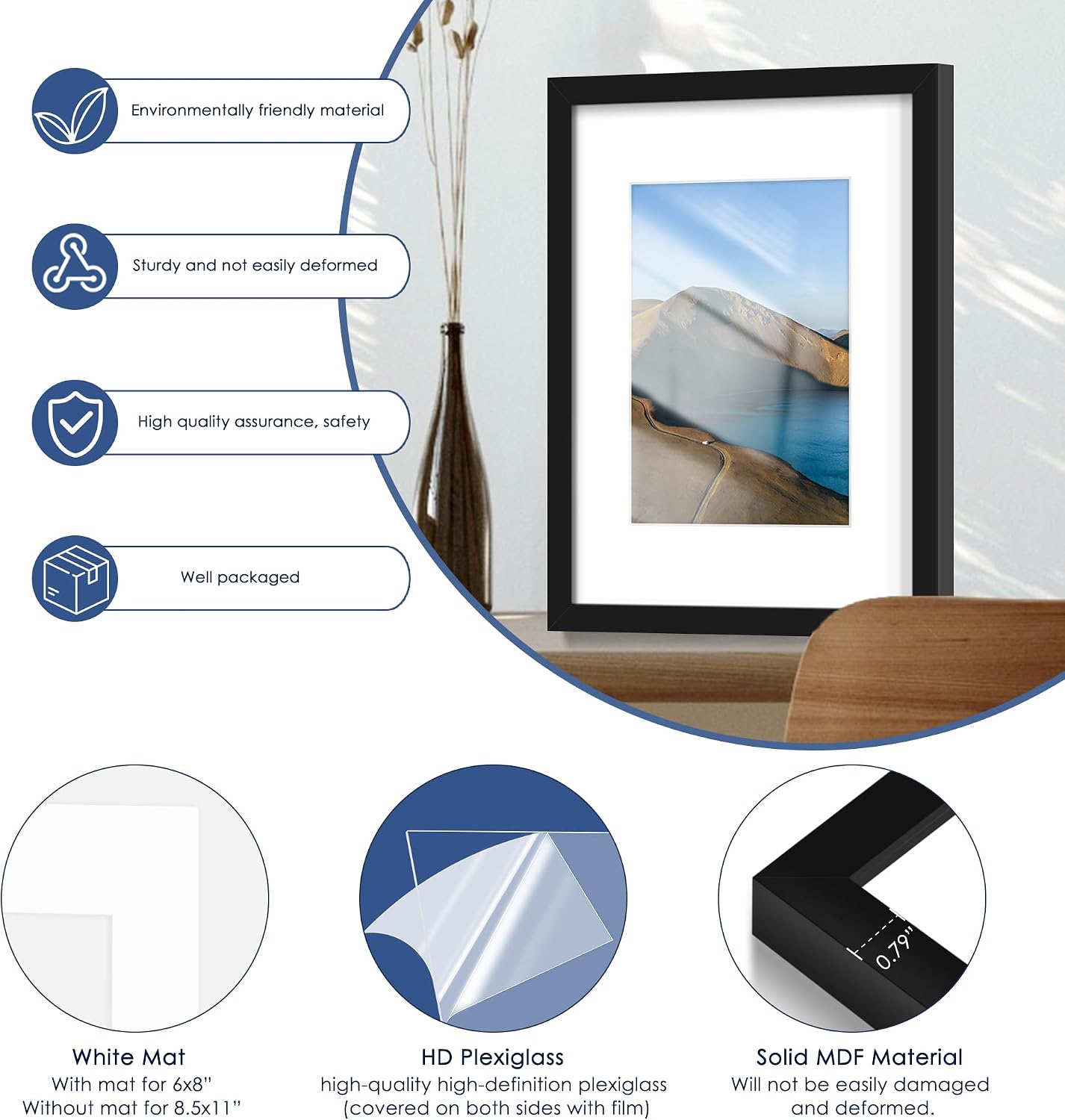 12x16 Picture Frame Set of 6, Wall Mounting Display, Black | Display 8.5x11 with Mat or 12x16 Without Mat, Horizontal