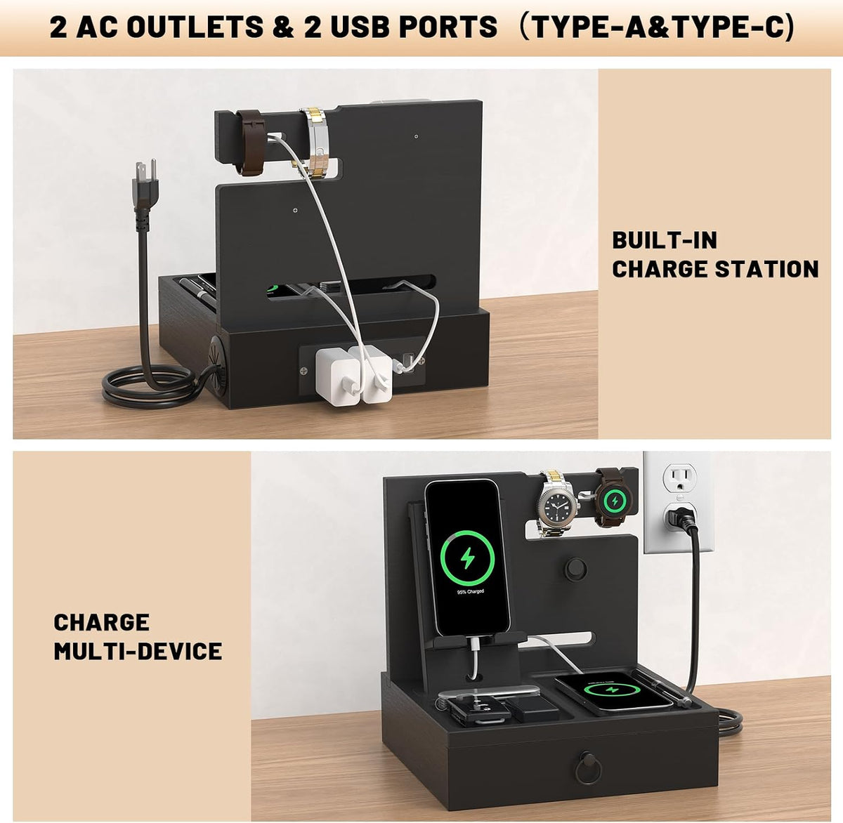 Wood Phone Docking Station with USB Ports and Outlets, Nightstand Organizer | Bedside Organizer with with Charging