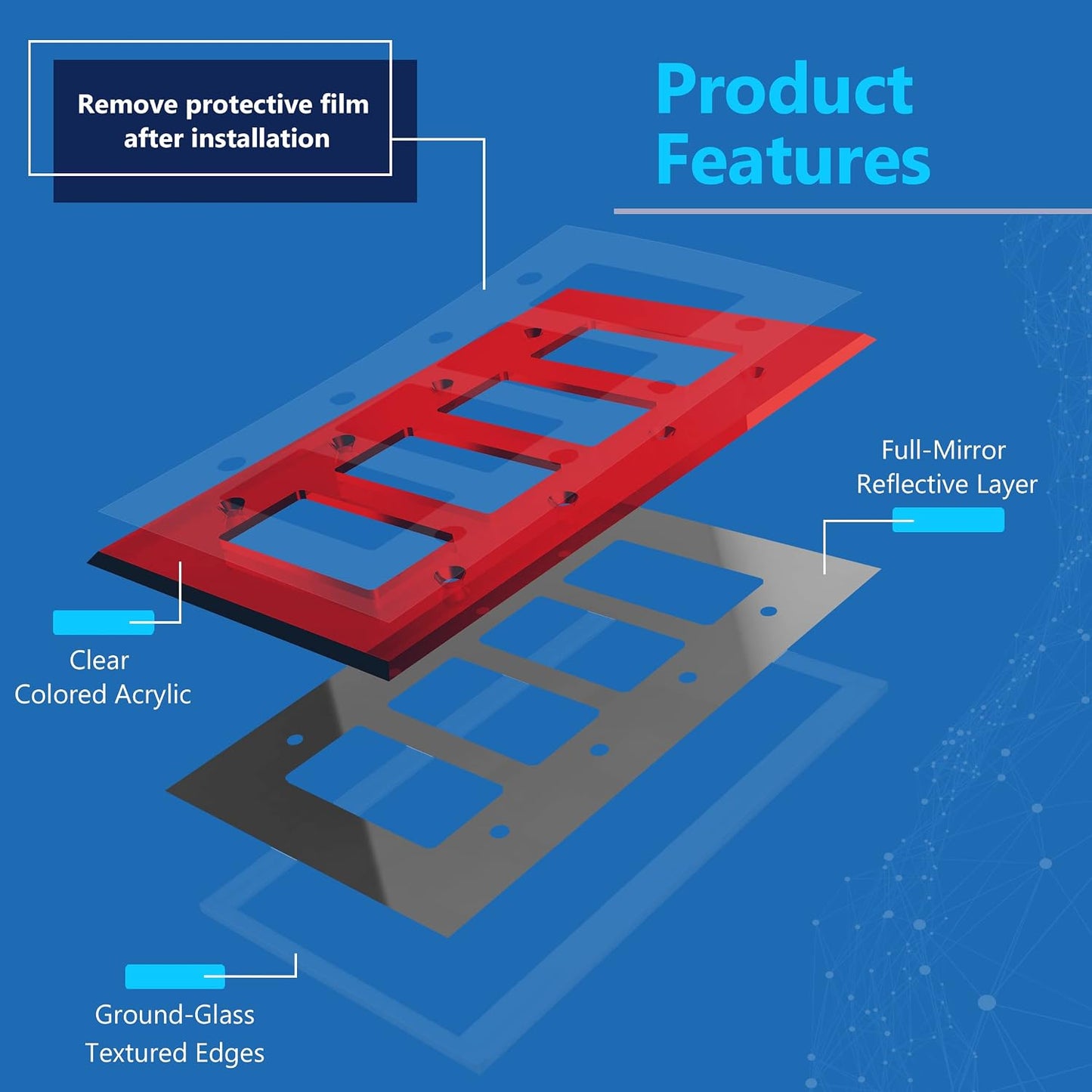 LIDER Reflective Decorator Wall Plate, Oversized 4-Gang, Mirror Glass Red | Mirrored Light Switch Plate, Plexiglass