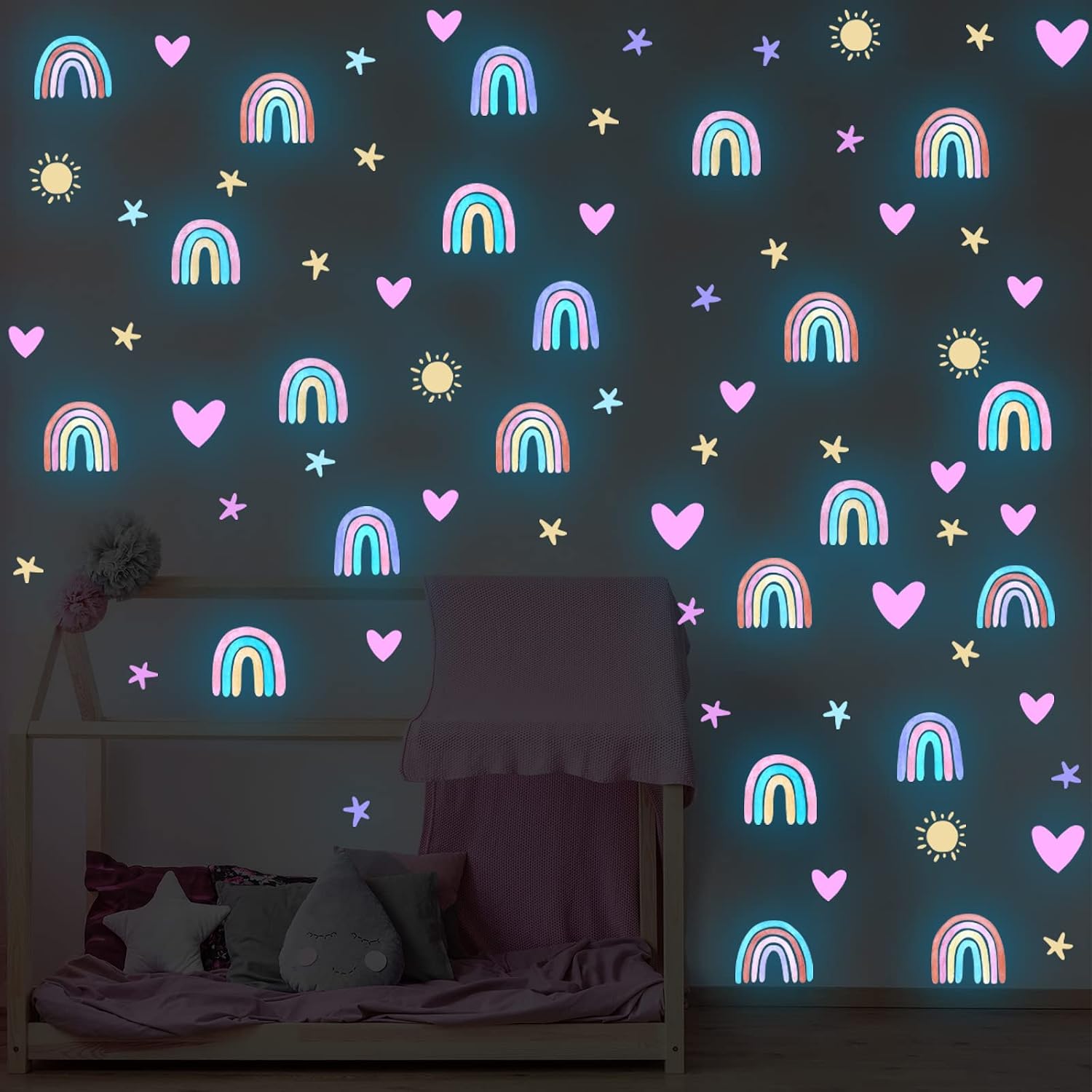 Rainbow Wall Decor Stickers Small Rainbow Decal Watercolor Heart Star Sun Wall / Luminous Blue