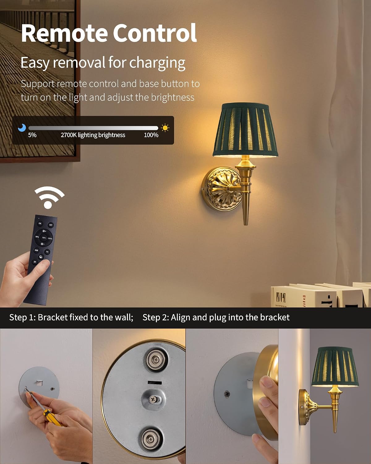 KDG Cordless Gold Wall Sconces Set of 2, Green Fabric Lampshde Wall Lamps | Small LED Wireless Portable Rechargeable