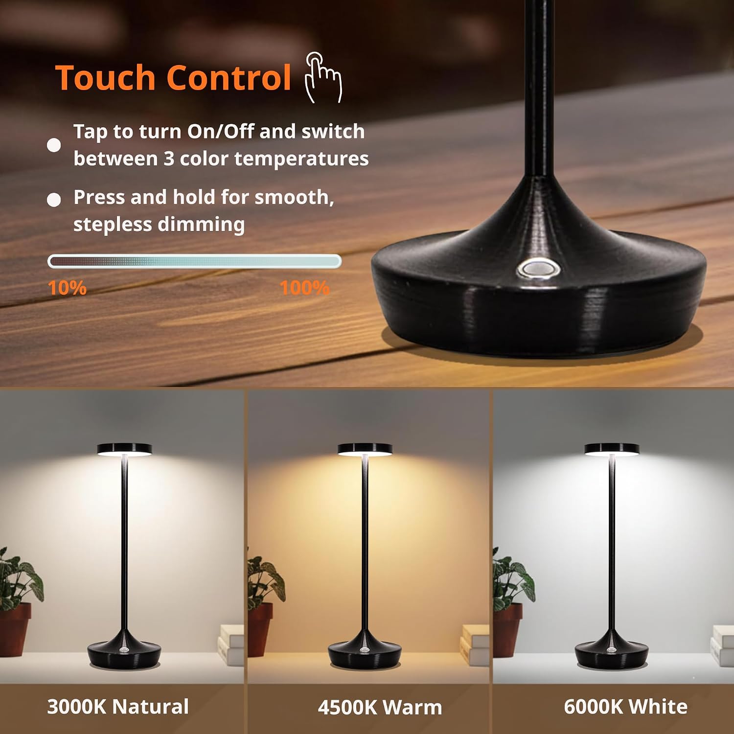 Cordless LED Table Lamps, Rechargeable 6000mAh, 72H Runtime, Waterproof | Stepless Touch Dimming with 3 Color Modes &
