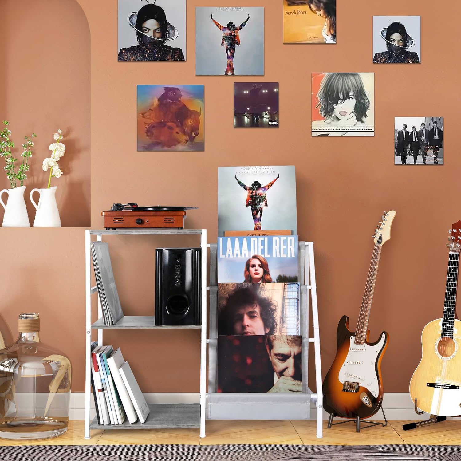 HYCFYJR Record Player Stand, Vinyl Record Storage with Now Playing Holder | 3 Tier Turntable Stand with Album Storage