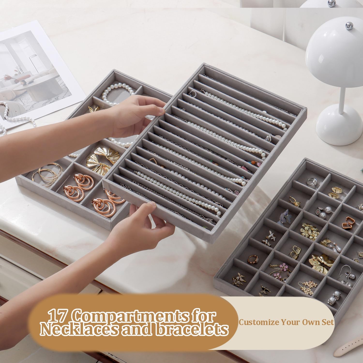 Large Velvet Jewelry Tray Stackable Jewelry Display Drawer Inserts / Gray / 16 Grids / Set of 2
