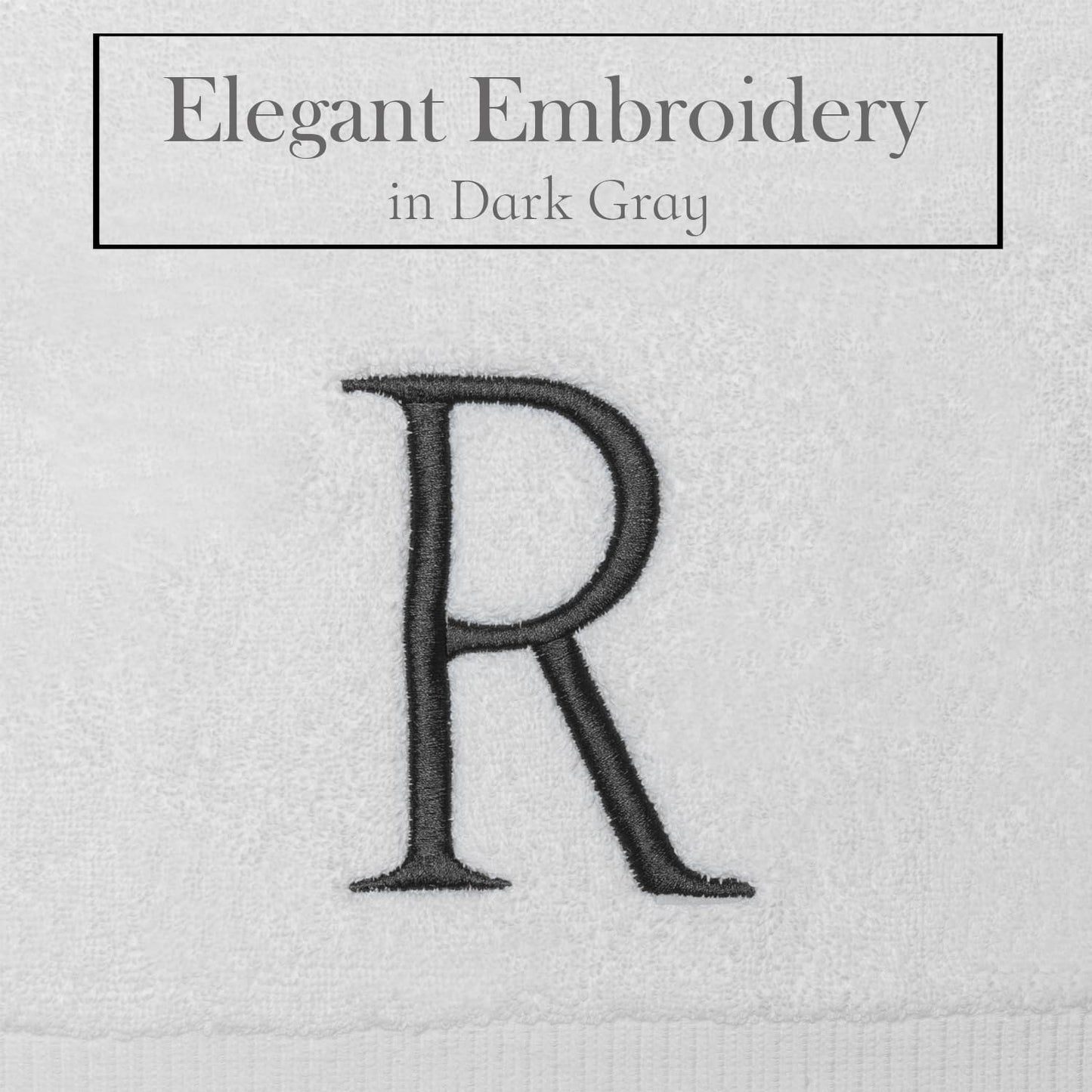 White with Dark Gray Monogrammed Hand Towels for Bathroom Set of 2 Letter R | Luxury Hotel Quality Initial Towels For