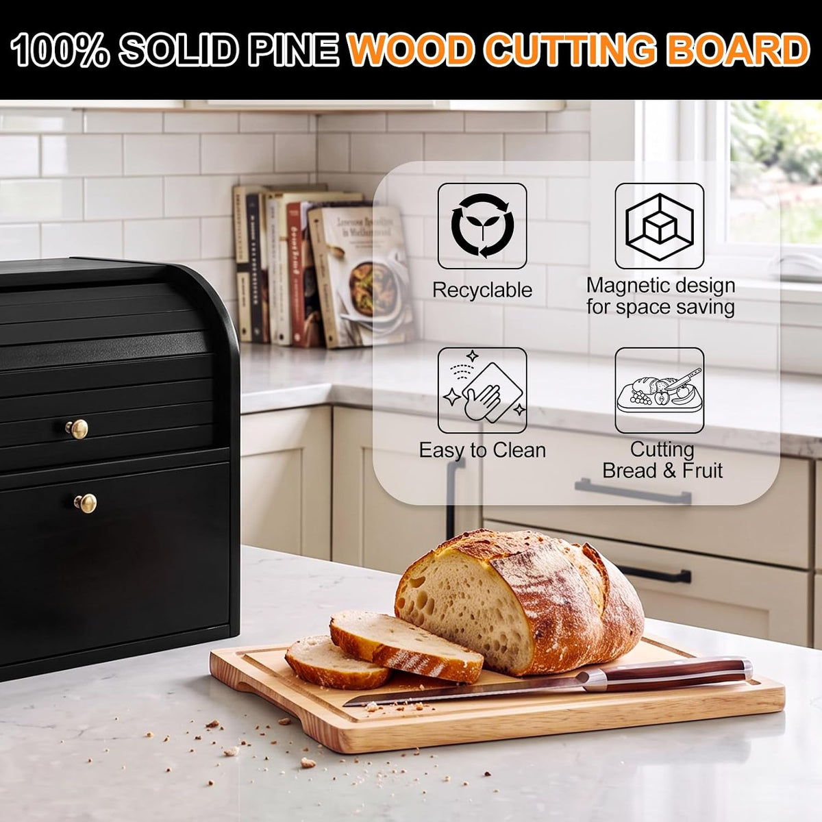 Alpeir Roll Top Bread Box with Cutting Board for Kitchen Countertop, Black | Large Breadbox with Ventilation Holes
