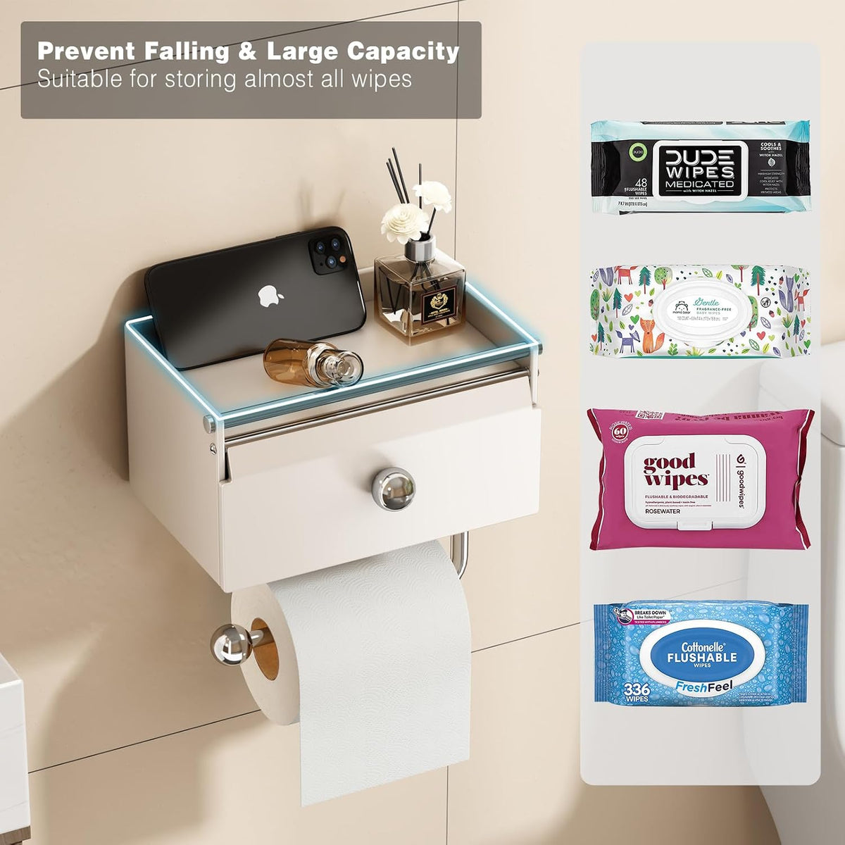 Voldra Toilet Paper Holder with Shelf, Flushable Wipes Dispenser for Bathroom, Adhesive Toilet Paper Roll Holder with