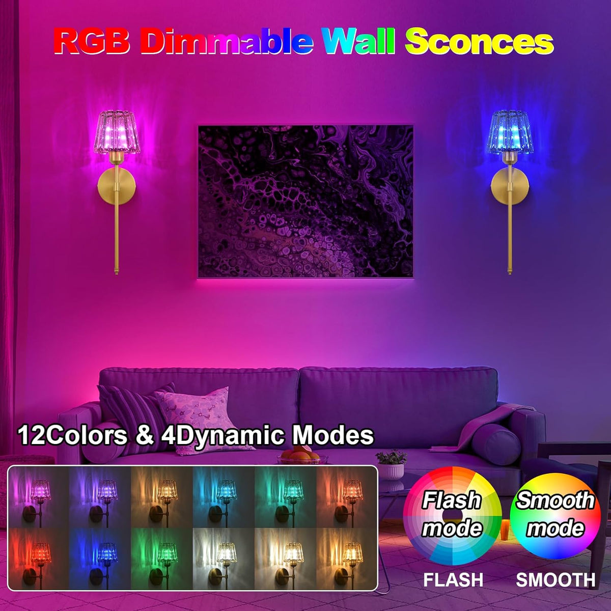 Battery Operated Crystal Wall Sconce Set of 2, Amber Rechargeable Wireless Wall Sconces with Remote Dimmable 12 Colors