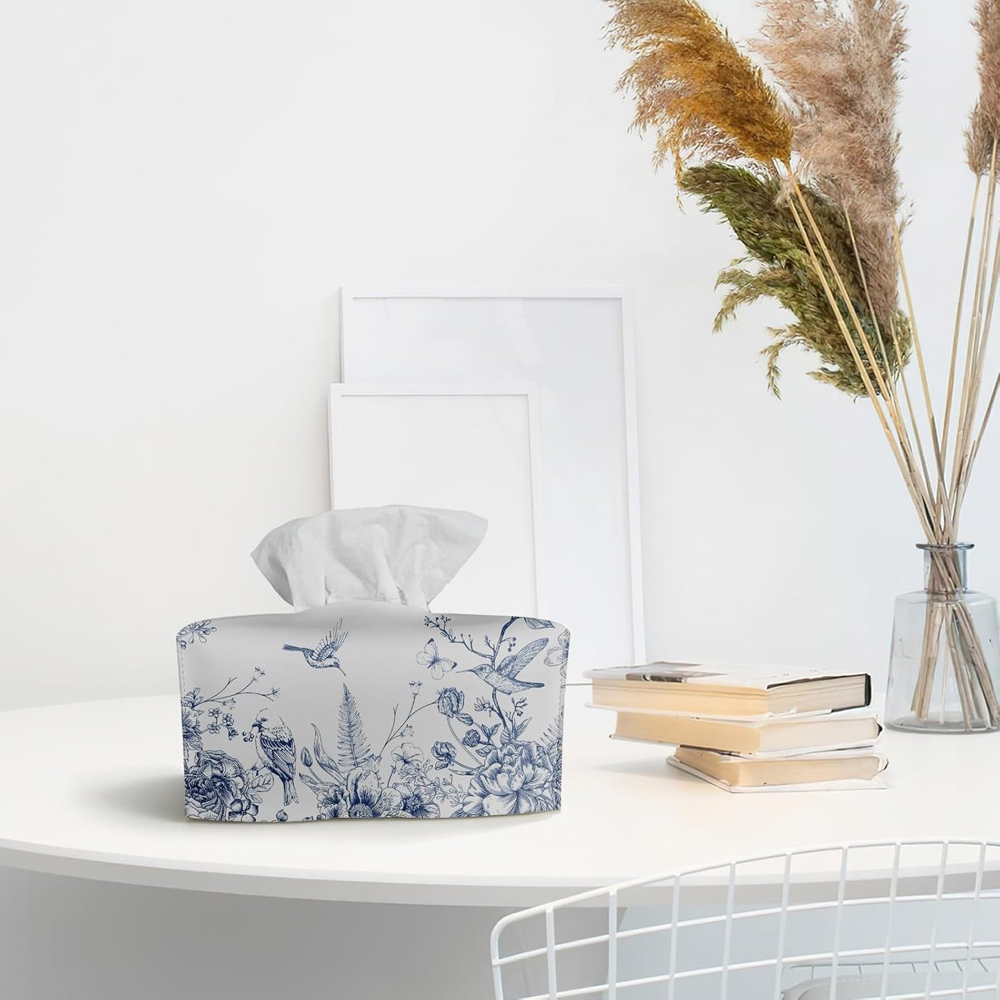 Chinoiserie Flower Toile Tissue Box Holder / Floral Bird Blue