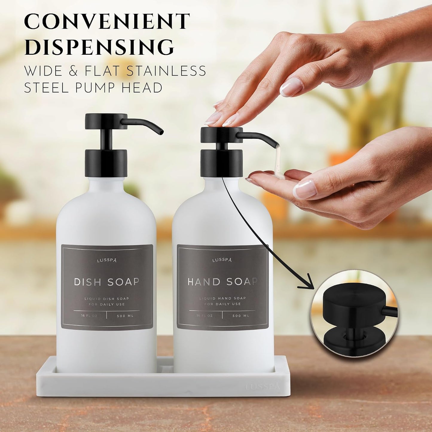 Glass Soap Dispenser Set of 2 (White) with Silicone Tray | Hand and Dish Soap Dispenser for Kitchen and Bathroom | 16.8