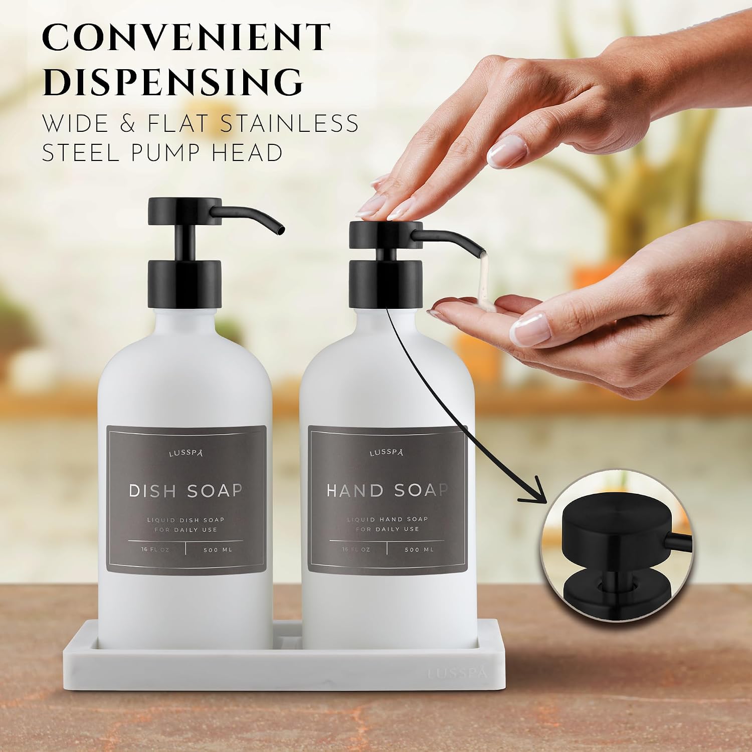 Glass Soap Dispenser Set of 2 (White) with Silicone Tray | Hand and Dish Soap Dispenser for Kitchen and Bathroom | 16.8