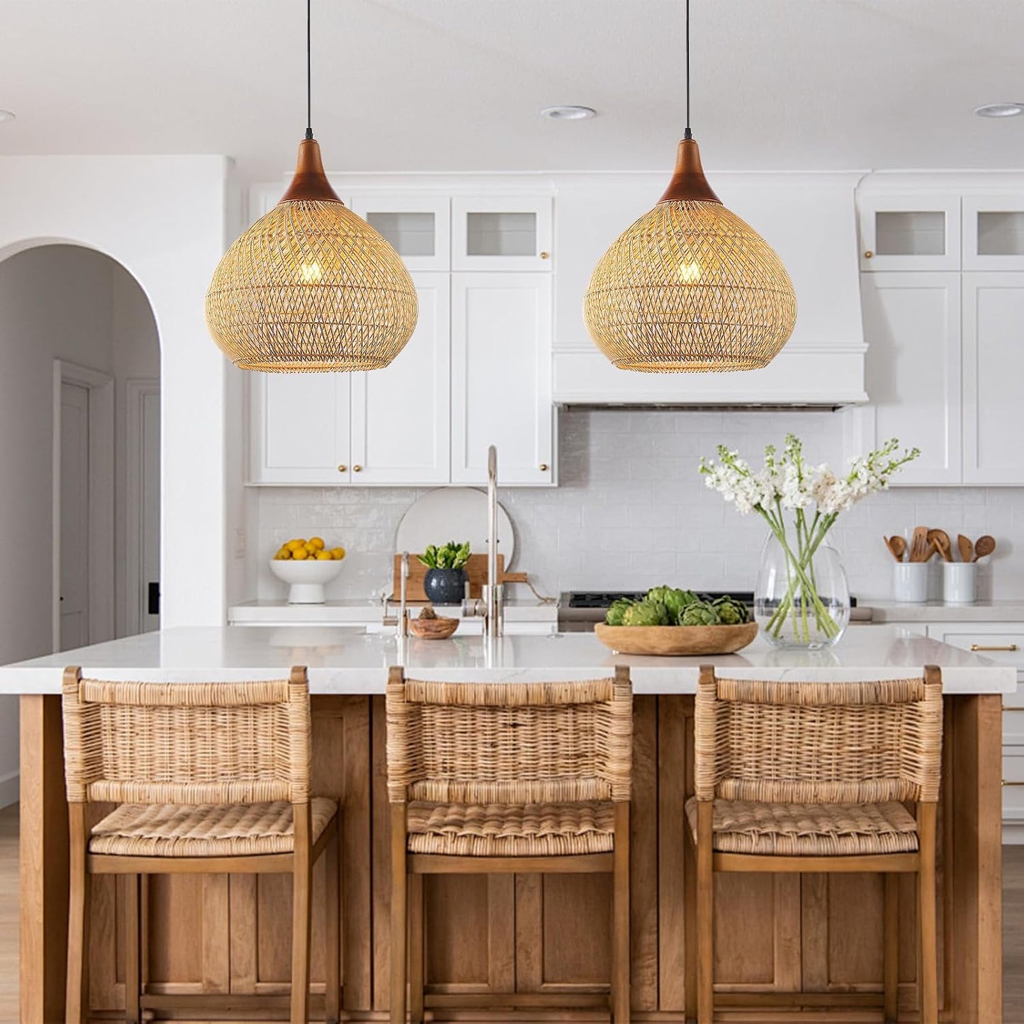 Basket Wicker / Rattan Pendant Light / Wood + Rattan / Raindrop / D 16", Large