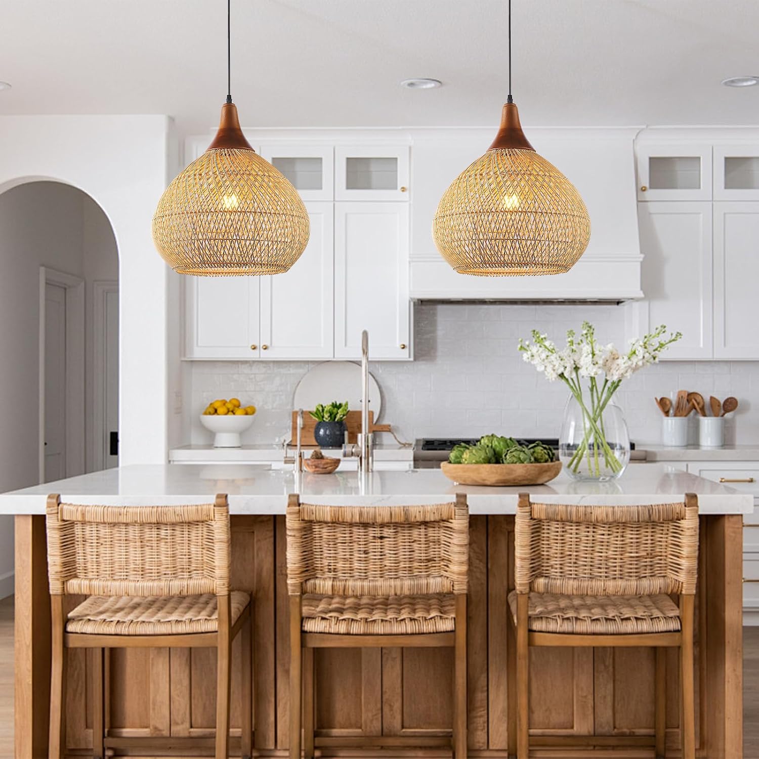 Basket Wicker / Rattan Pendant Light / Wood + Rattan / Raindrop / D 16", Large