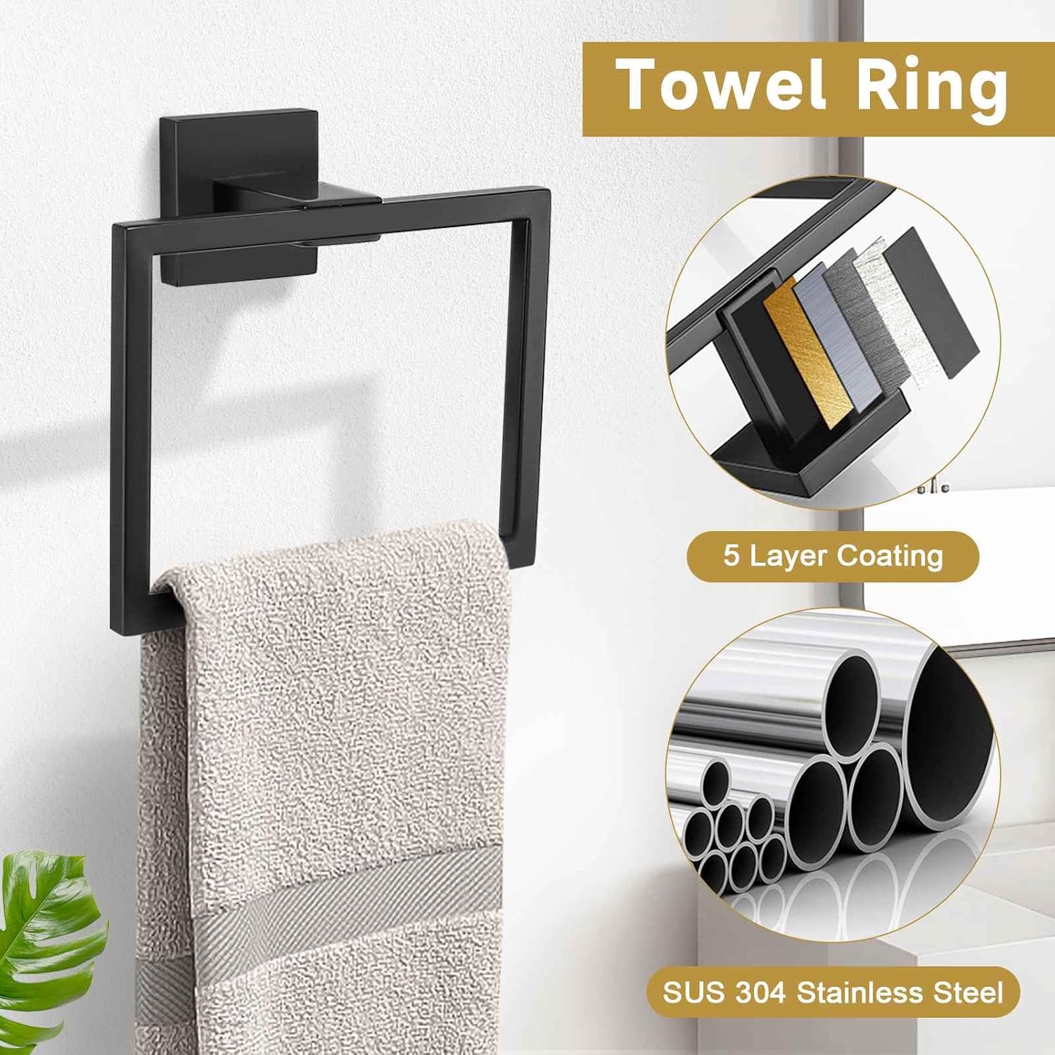 5 Pieces Bathroom Hardware Accessories Set Matte Black Towel Bar Set Towel Holder Racks Set for Bathroom,SUS304