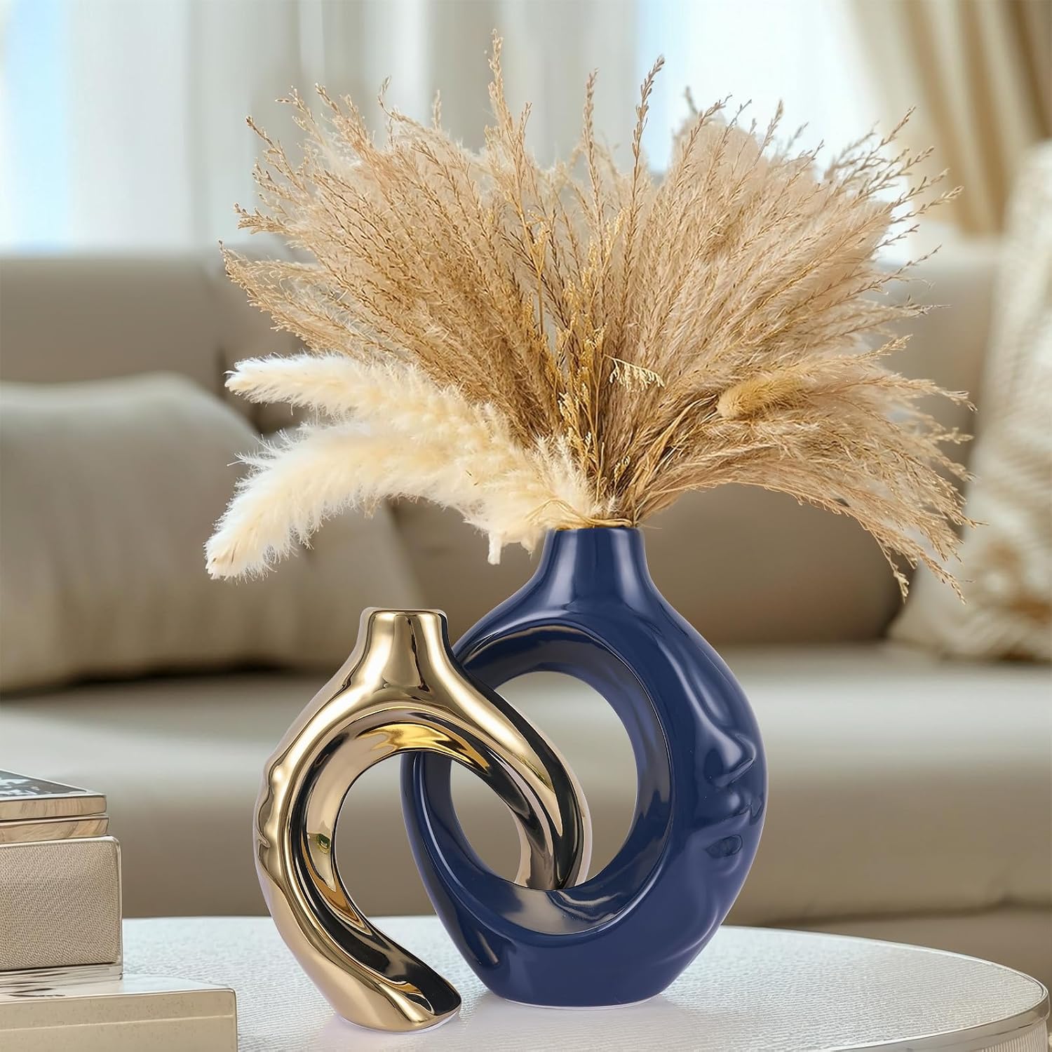 Round Boho Vase for Pampas Grass / Blue / Set of 2