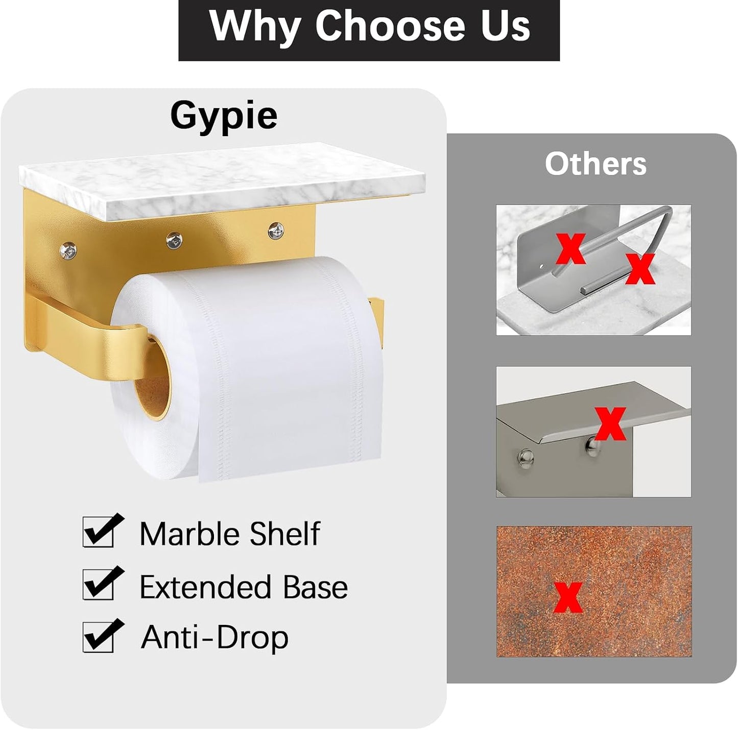 Gypie Toilet Paper Holder with Marble Shelf, Wall Mounted Gold | Toilet Roll Holder for Bathroom Washroom, Extended Base
