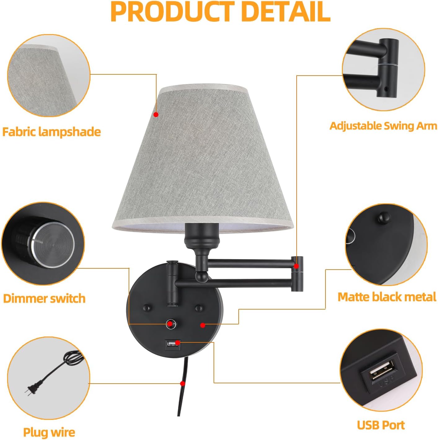 Swing Arm Wall Lamp.Wall Mount lamp with Dimmable Switch.Plug in Wall Sconces with USB Charging Port. Black Sconces