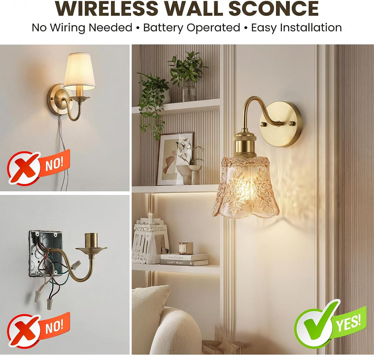 YUNICE Rechargeable Wall Sconces Set of 1 Battery Operated Wall Sconce with Remote Control Dimmable Cordless Wall Lamp