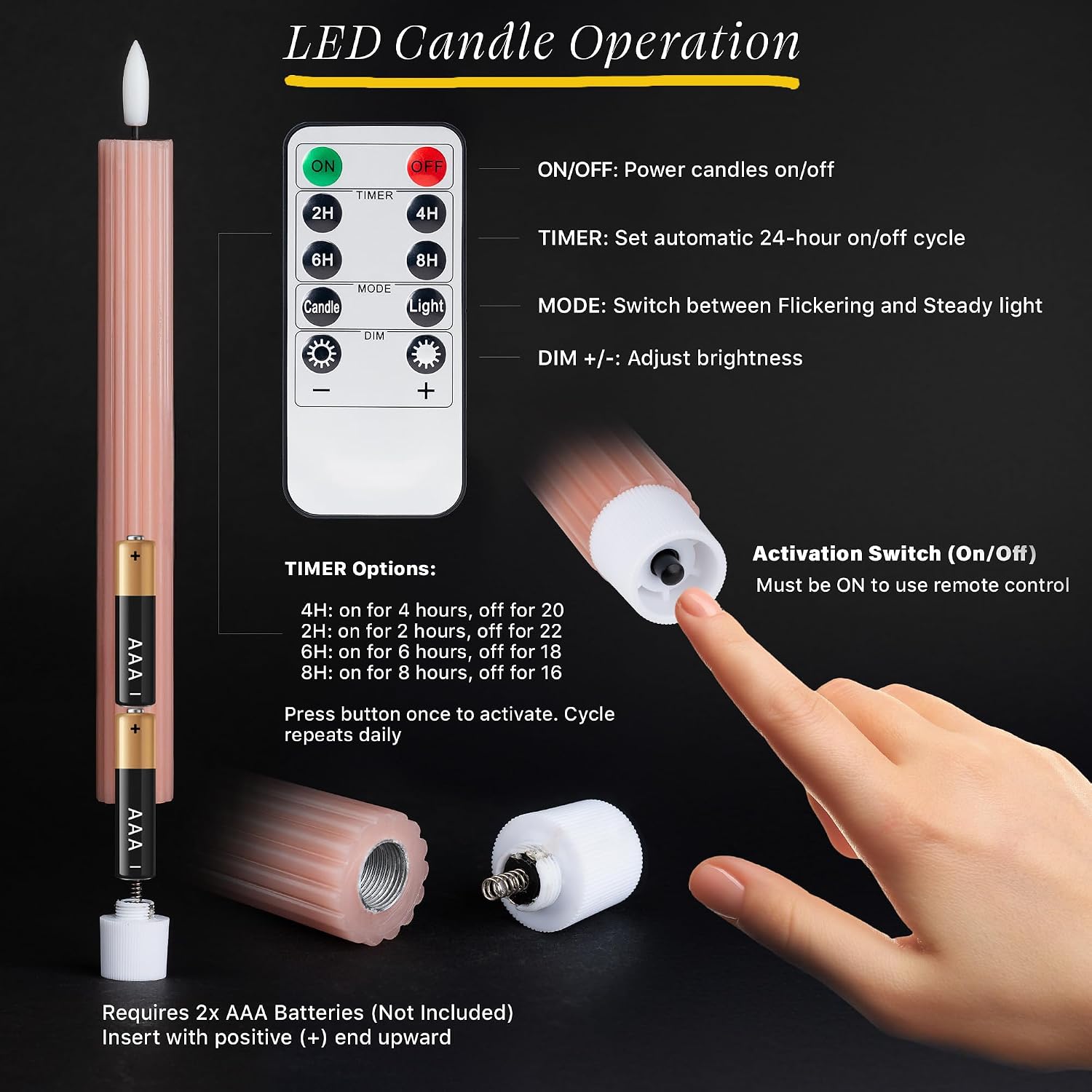 10" Fluted Ribbed LED Dusty Rose Grooved Real Wax Taper Candles, Remote & 24h Timer Memory, On/Off Switch - Flameless
