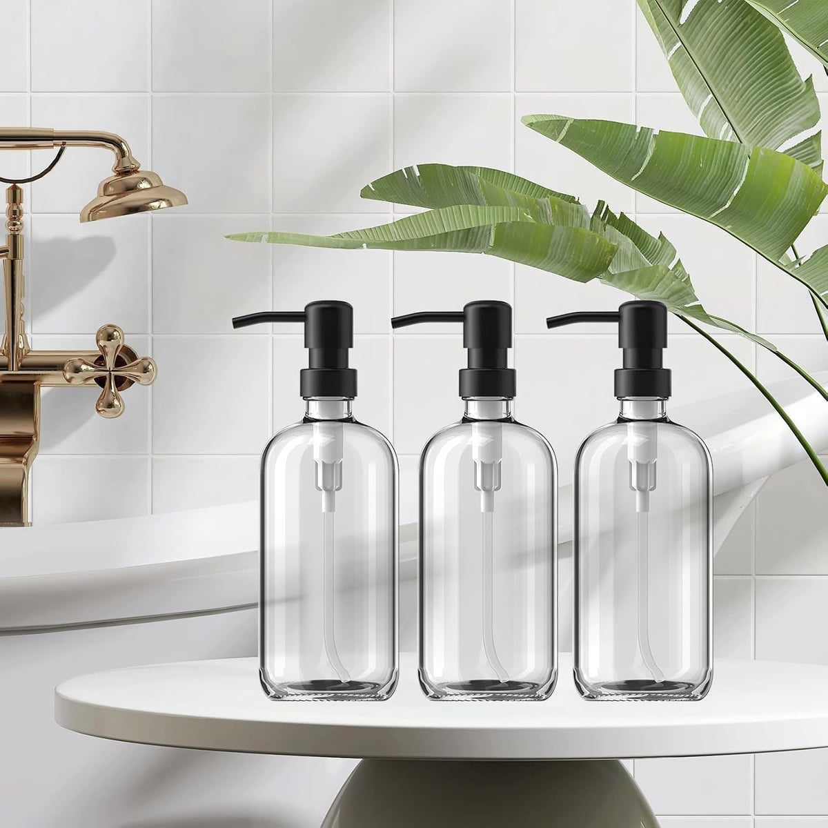 GMISUN Shampoo and Conditioner Dispenser, 3 Pack Clear Glass Bathroom Shampoo Conditioner Body Wash Dispenser with Pump