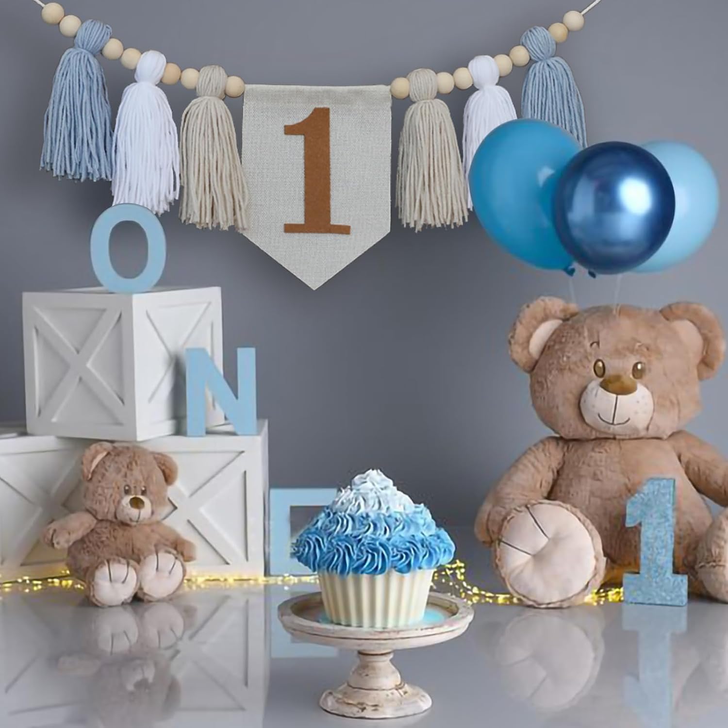 Handmade Boho Blue 1st Birthday High Chair Banner for Baby Boys Wall Hangings Wood / Brown and Blue