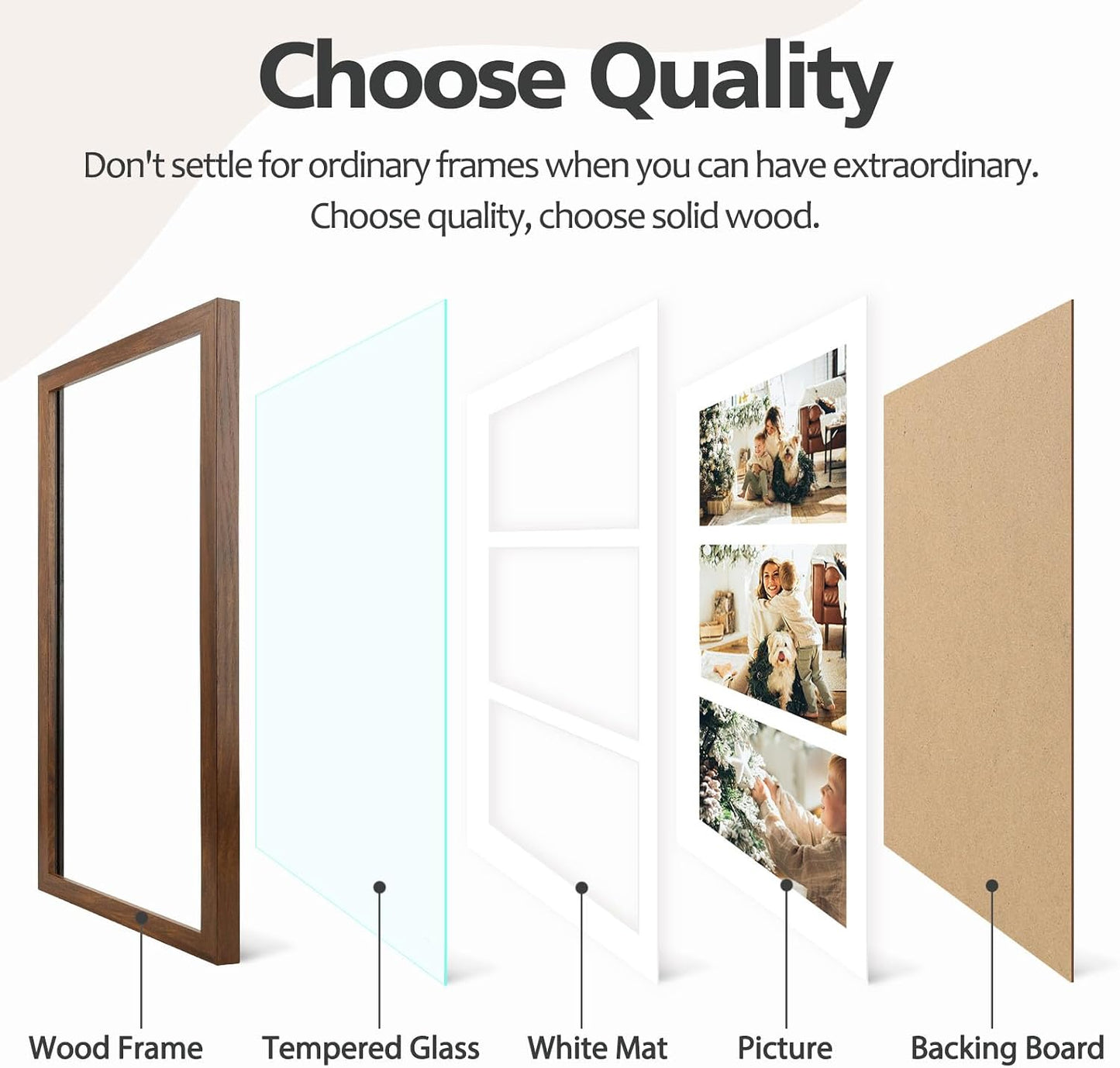 Golden State Art Three 5x7 Collage Picture Frame - Solid Wood with Tempered Glass - Multi Picture Frame Display Three