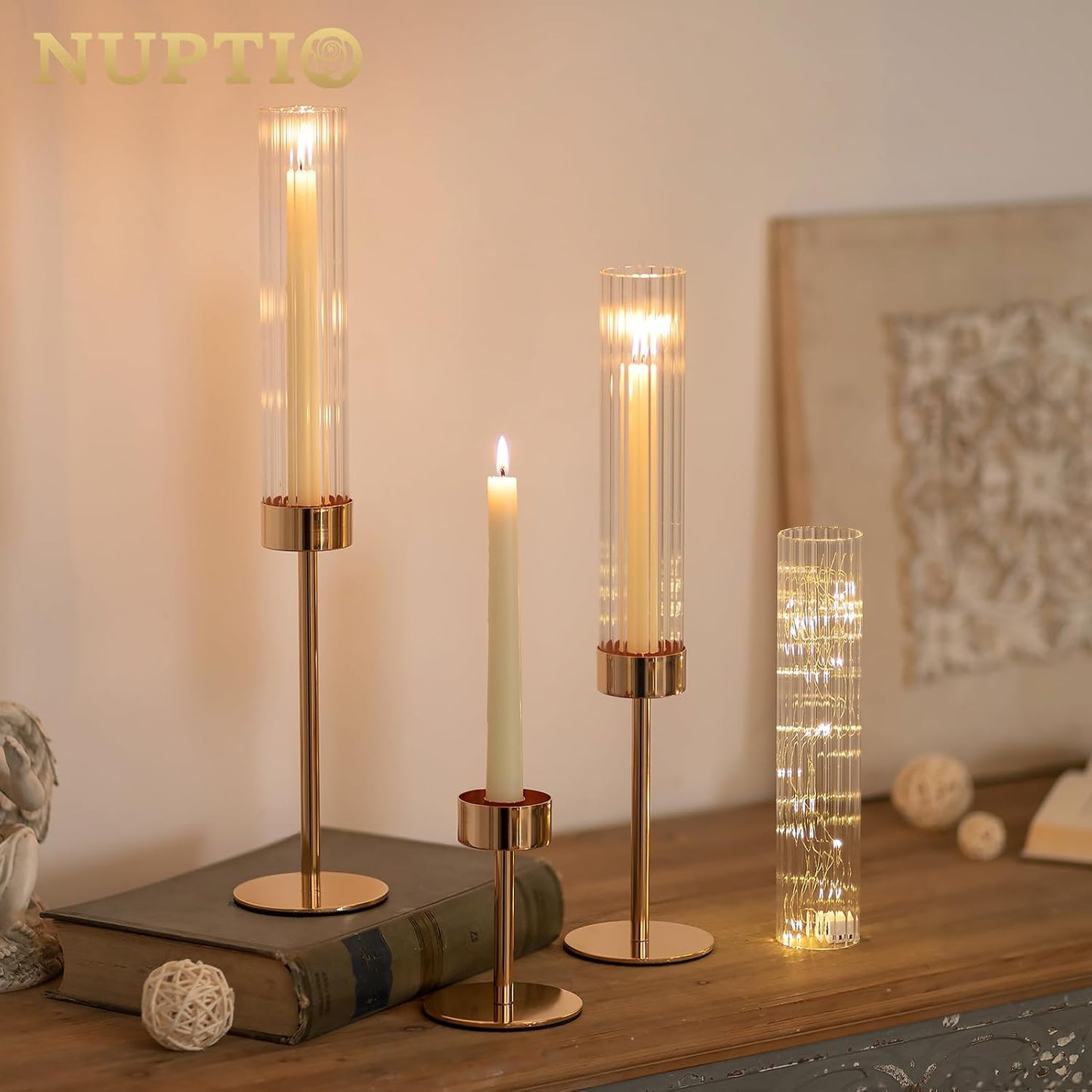 NUPTIO Tall Candlestick Holders for Centerpiece, Hurricane Candle Holder | Set of 3 Candle Stick Holders with Ribbed