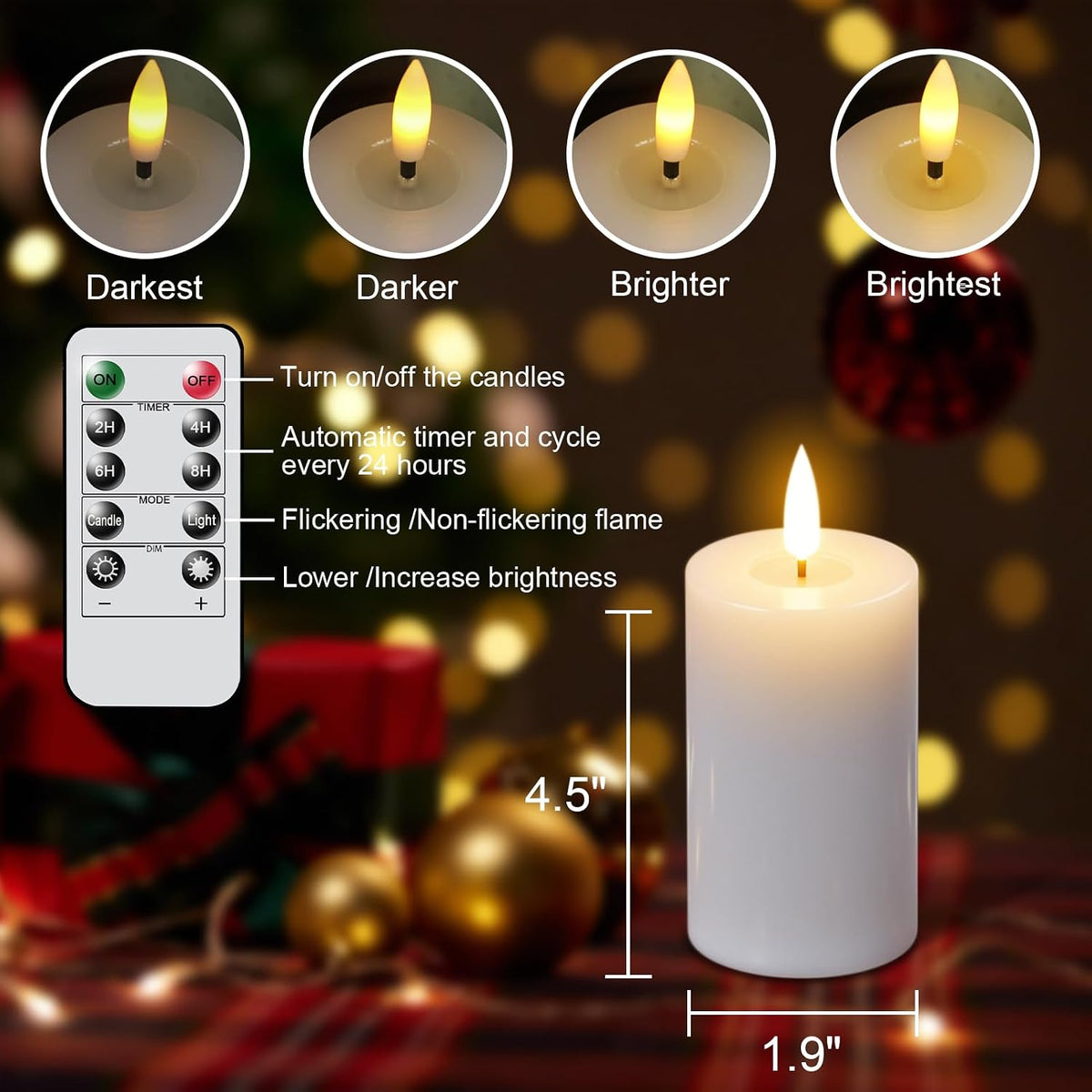 4.5" Rechargeable Flameless LED Pillar Candles with 10-Key Remote and Timer, 6 Pack White Real Wax 3D Wick Flickeing