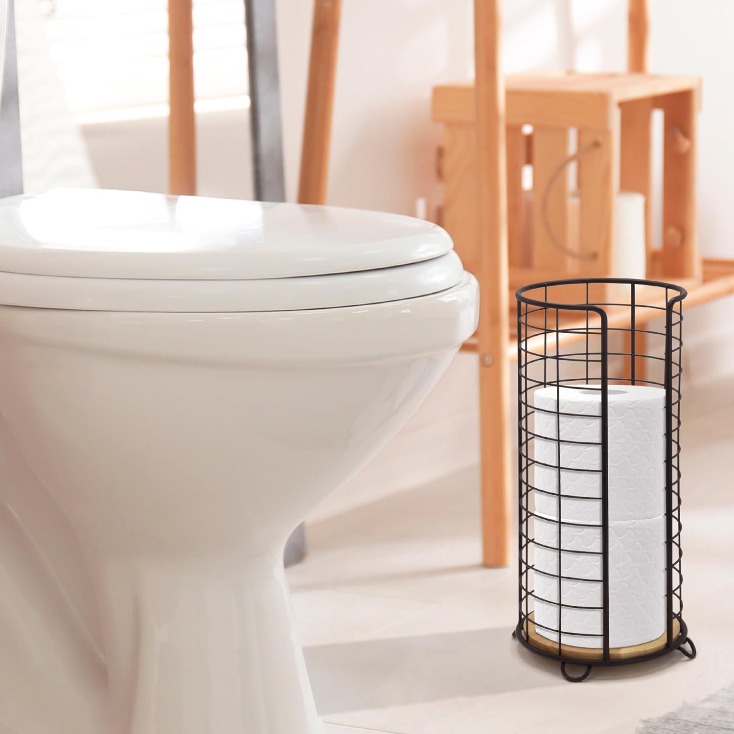 BROOKSTONE, Stylish Toilet Paper Holder with Bamboo Base, Freestanding Bathroom Tissue Organizer, Minimalistic Storage