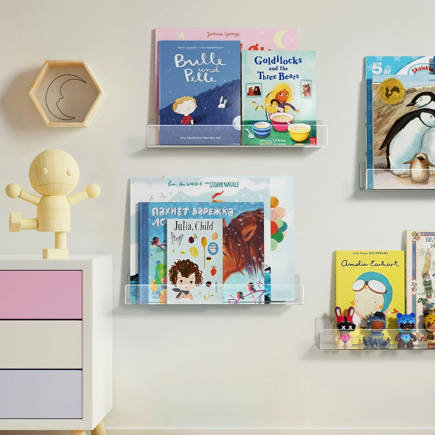 NIUBEE 16.5-Inch Acrylic Floating Bookshelves, 4-Pack, Clear Modern Wall Shelves for Child/Toddler， Invisible Ledge