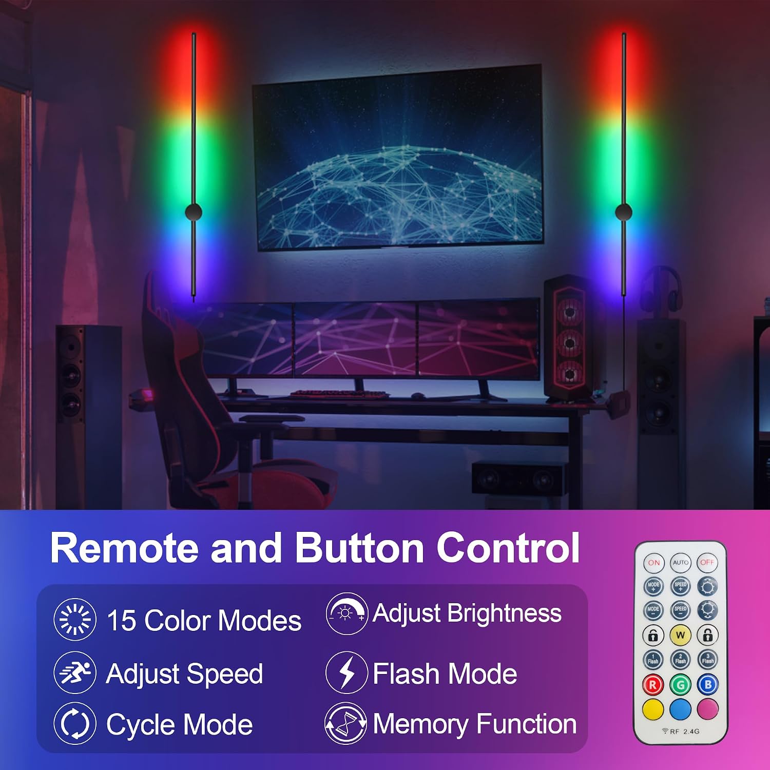 RGB LED Wall Sconces Set of Two with Remote, 15 Color Modes, Dimming, DIY 180° Rotate, Black Plug in Wall Sconces with