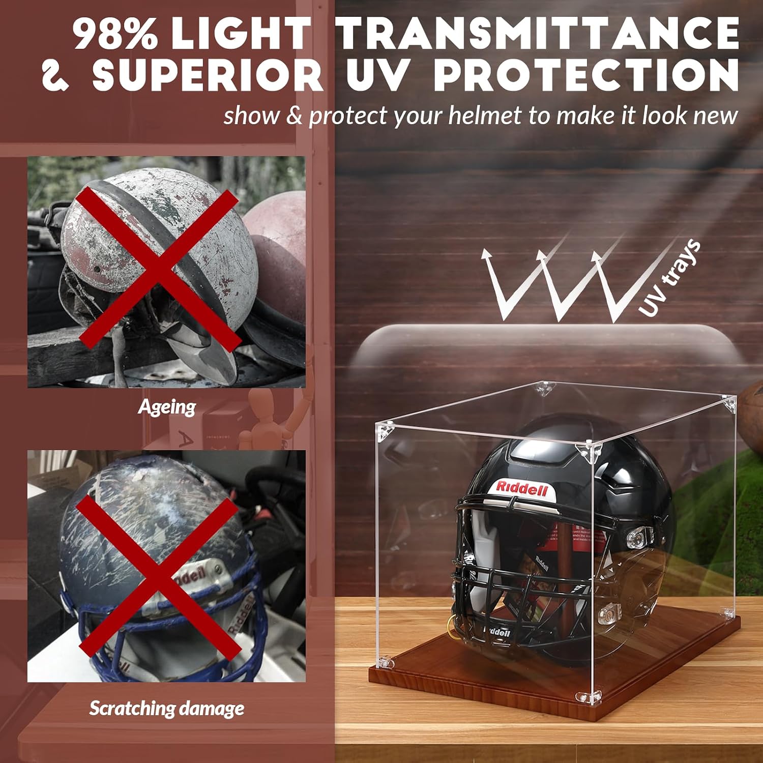 Football Helmet Display Case, Full Size Acrylic Baseball Motorcycle Helmet Showcase, UV Protection Souvenirs and