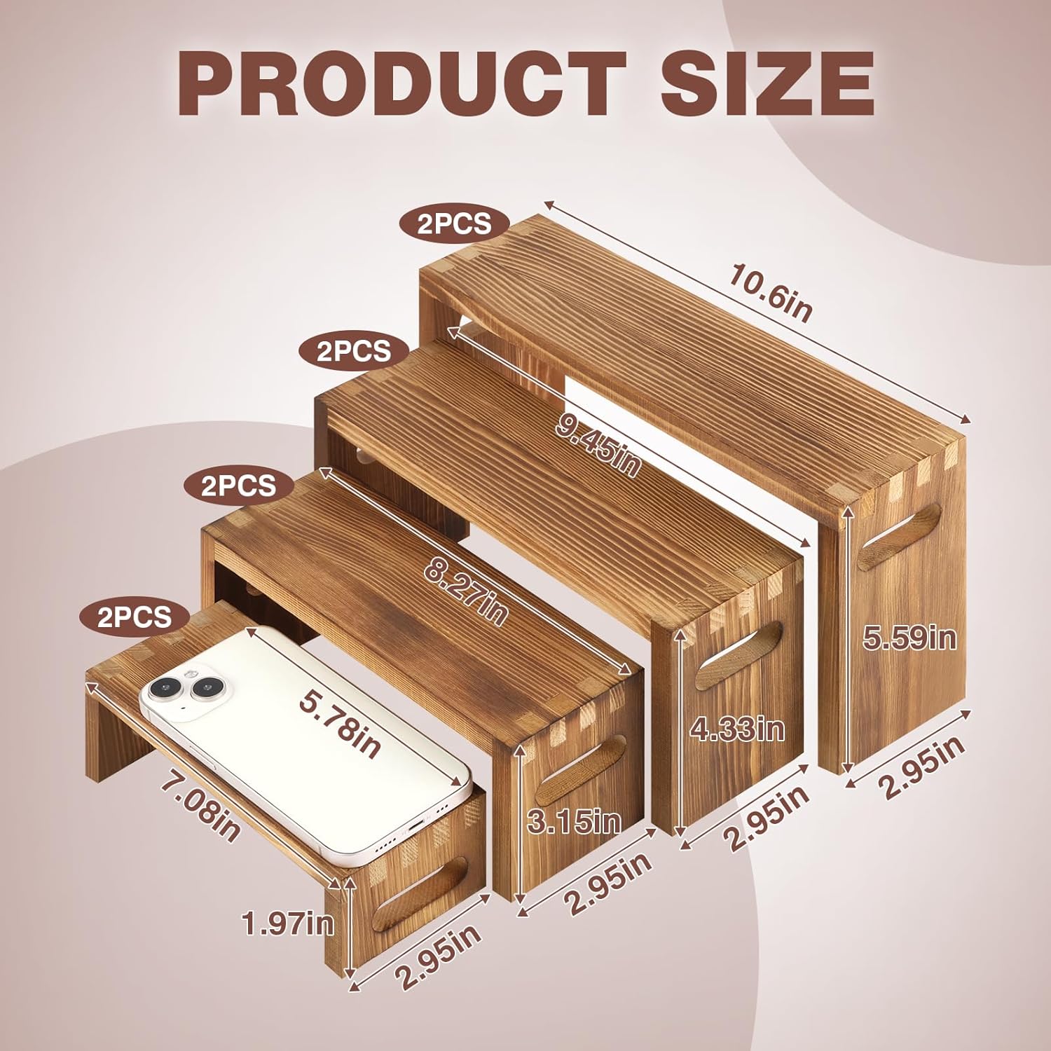 Wood Risers Display Stands / 7 x 8 x 9 / Brown / Set of 8