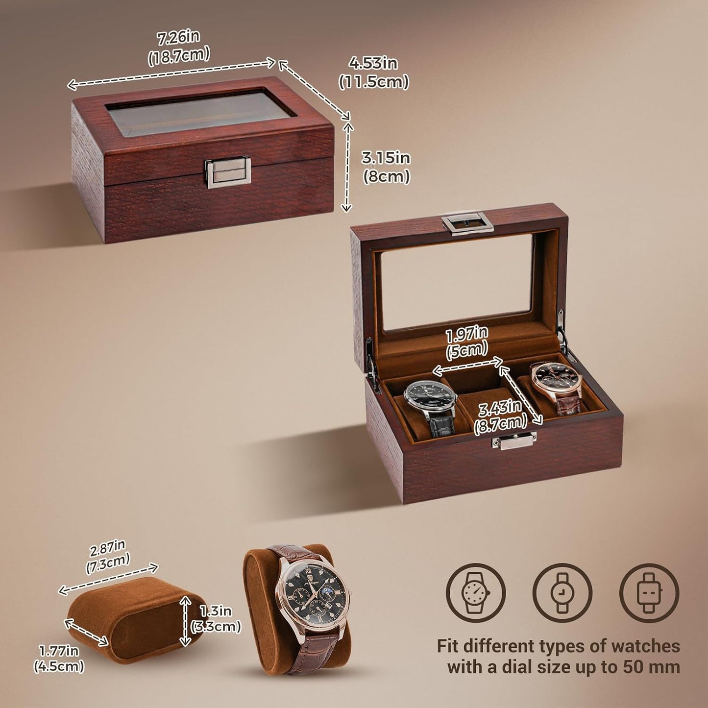 ProCase Wooden Watch Box, 3 Slot Mens Watch Display Case, Espresso | Wood Watches Holder Storage Organizer with Clear