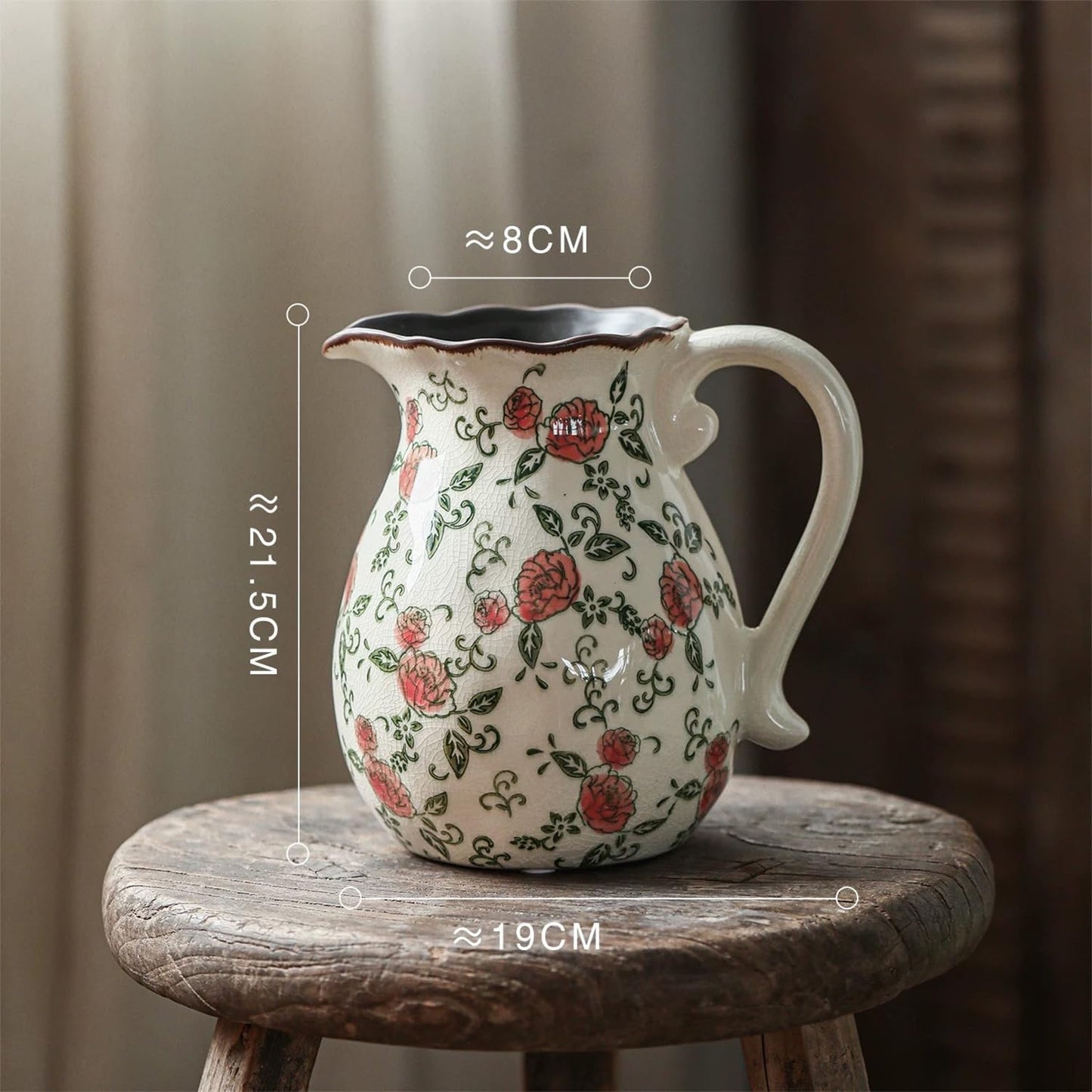Vintage Ceramic Vase / Beige and Red-001 / 8.2 Inch