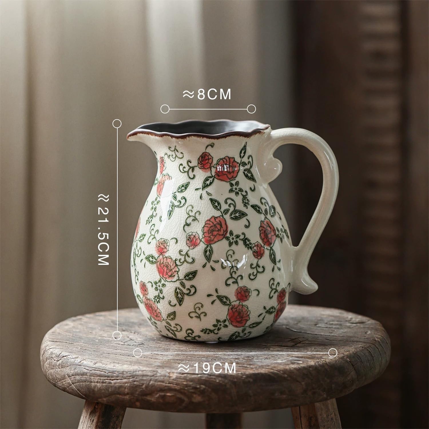 Vintage Ceramic Vase / Beige and Red-001 / 8.2 Inch
