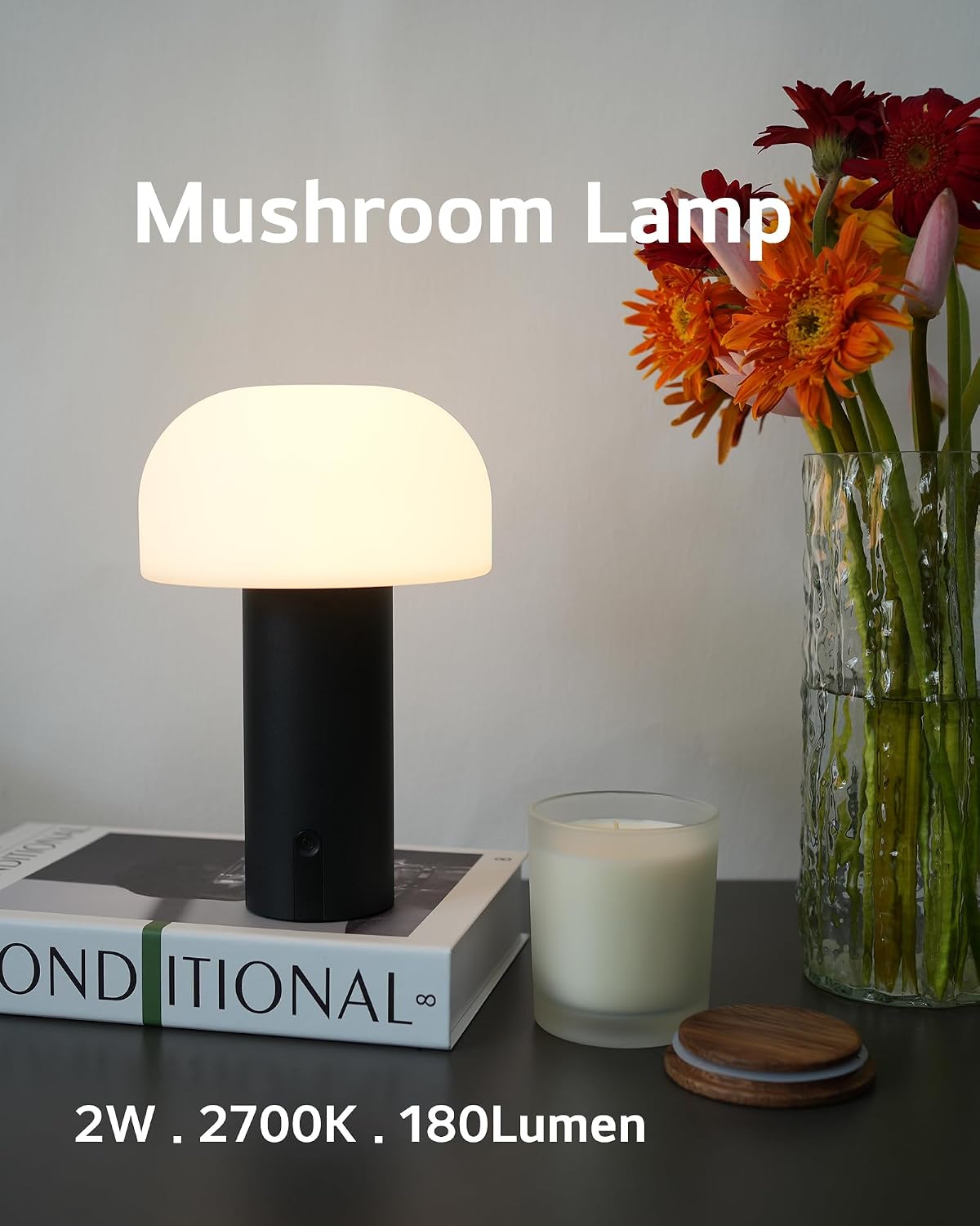 Small Cordless Mushroom Table Lamp, Waterproof Shower Lamp Black | Original Design, Portable Rechargeable, Touch
