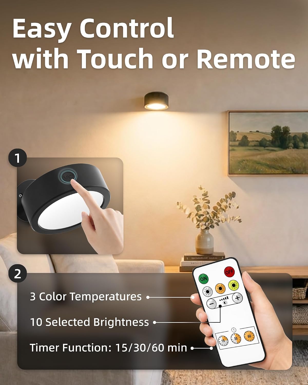 EZVALO LED Wall Mounted Light, 3000mAh Rechargeable Cordless Wall Sconce, Dimmable with Remote & Touch Control, 3 Color