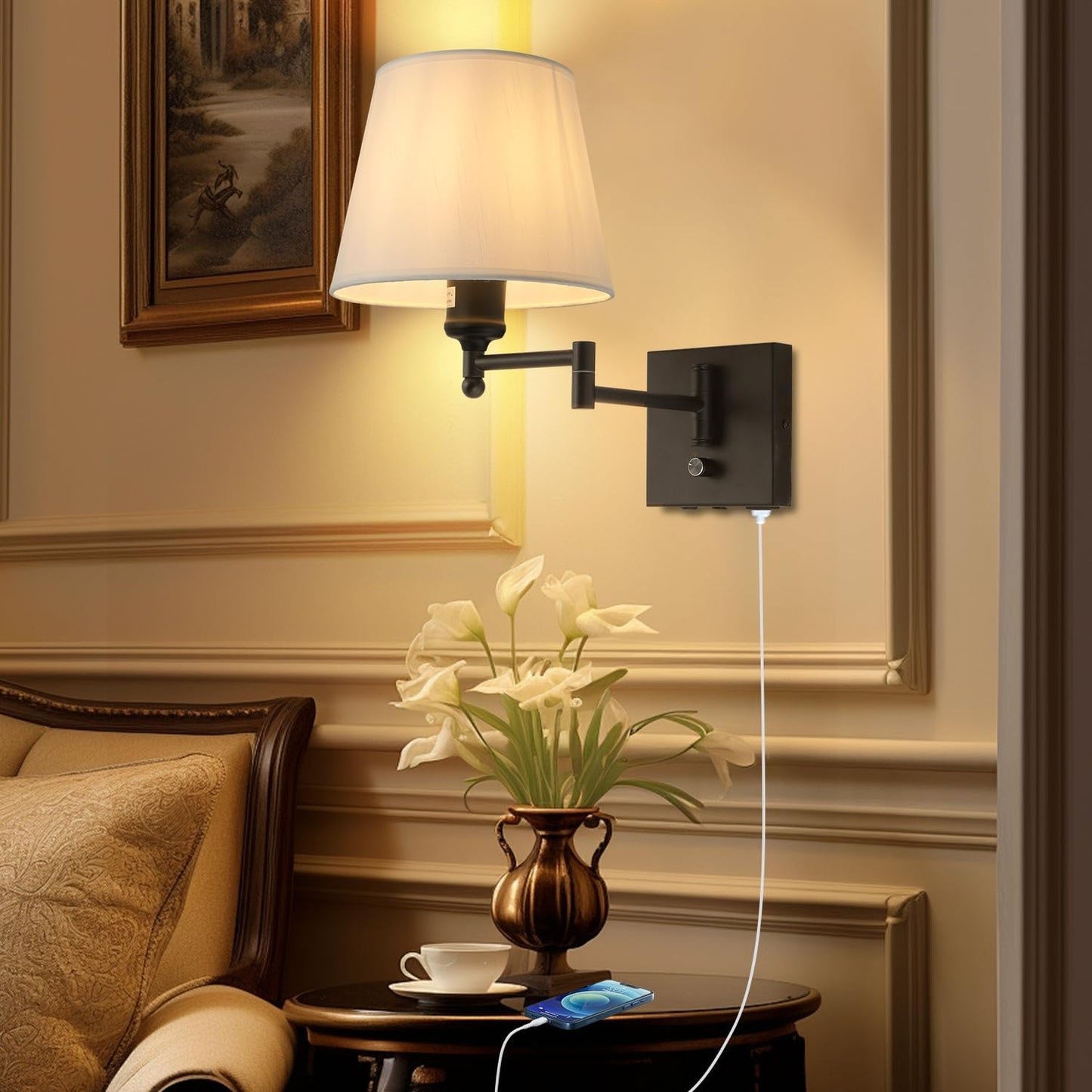 Bedside Wall Mount Light with Dimmable Switch and USB C+A Charging Port, Swing Arm Fabric Shade Wall Sconce Light with