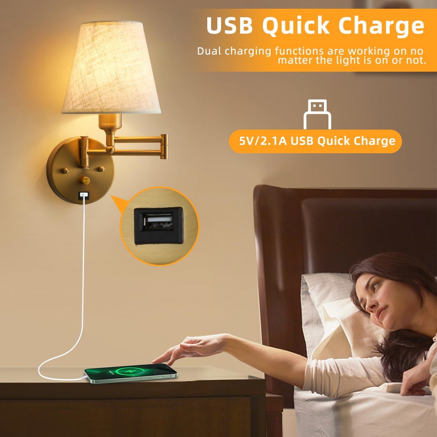 Bedside Wall Mount Light with Dimmable Switch and USB Port, Gold Swing Arm Fabric Shade Wall Sconce Light with Plug in