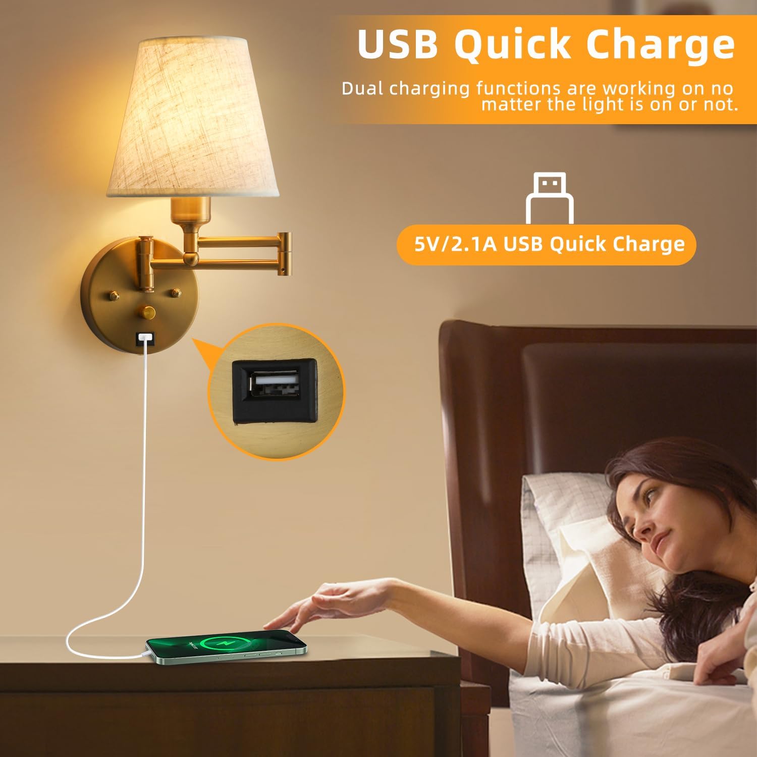 Bedside Wall Mount Light with Dimmable Switch and USB Port, Gold Swing Arm Fabric Shade Wall Sconce Light with Plug in