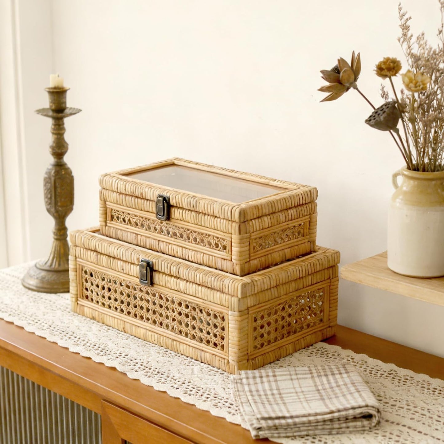 Cane Stacking Boxes / 14.1 x 8.2 x 5.1 / Rattan / Set of 2