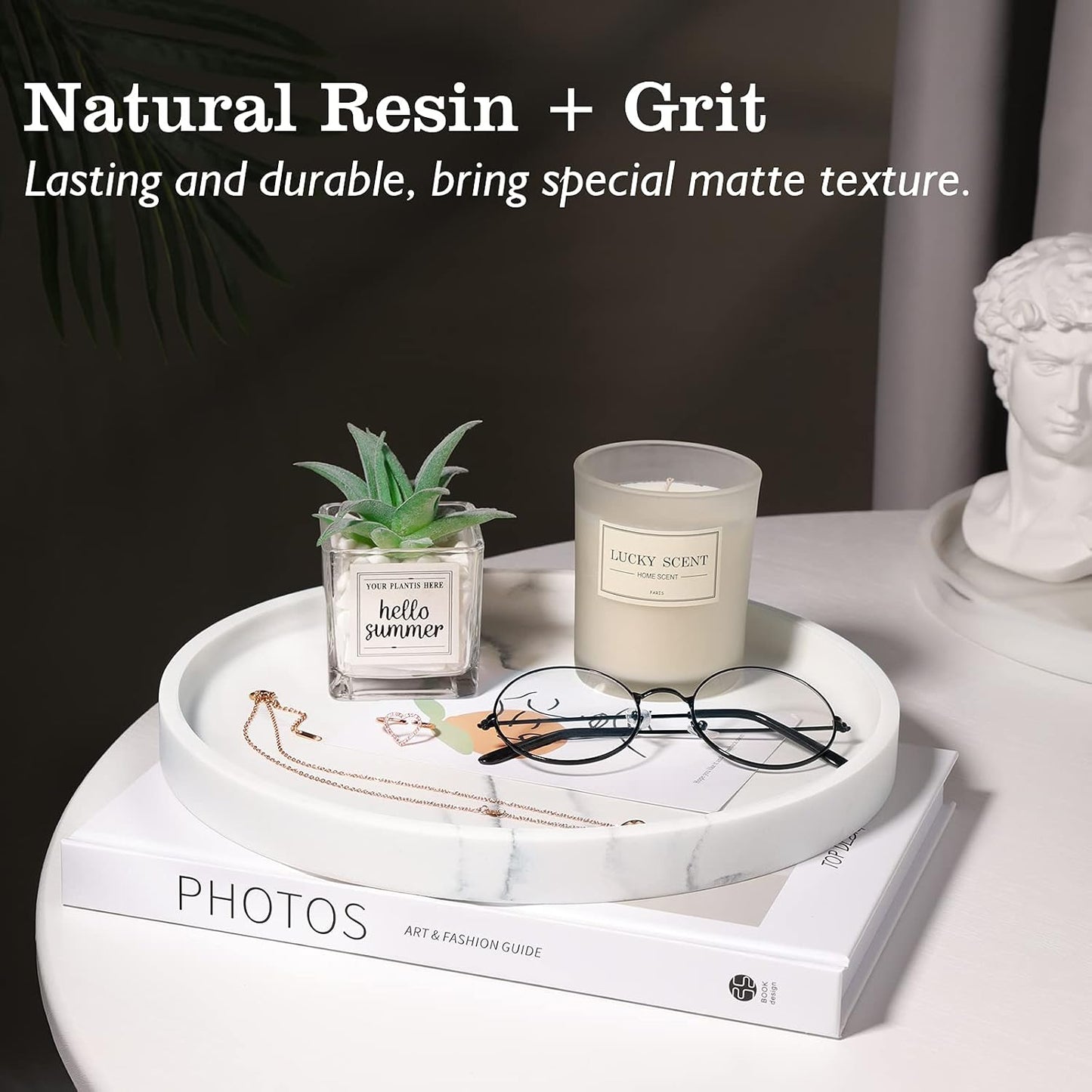Vanity Tray / Resin Round Tray Decorative Storage Organizer / Round Gravel White
