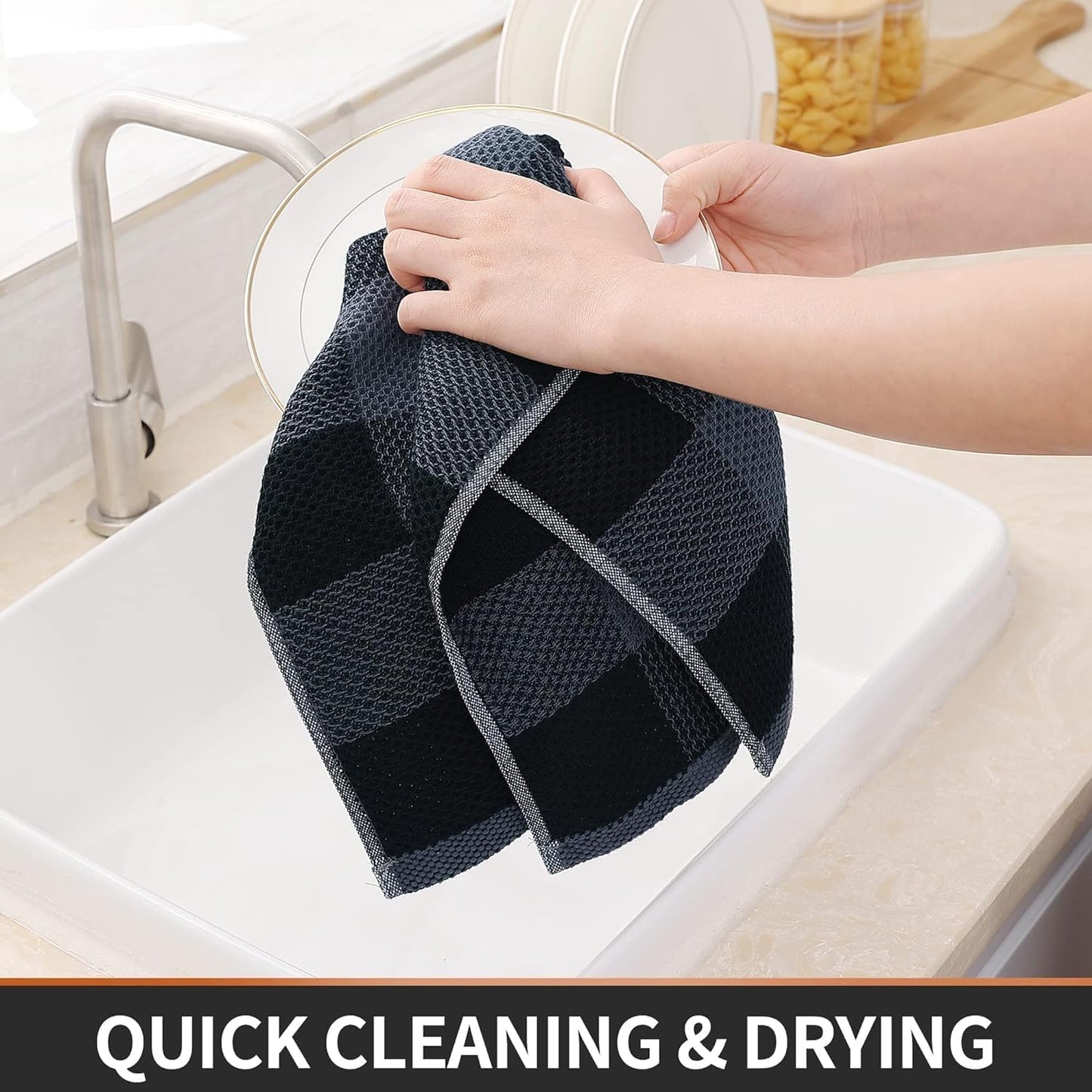 Homaxy Kitchen Towels and Dishcloths Set, Set of 12, Black & Grey | Bulk Cotton Waffle Weave Check Plaid Kitchen