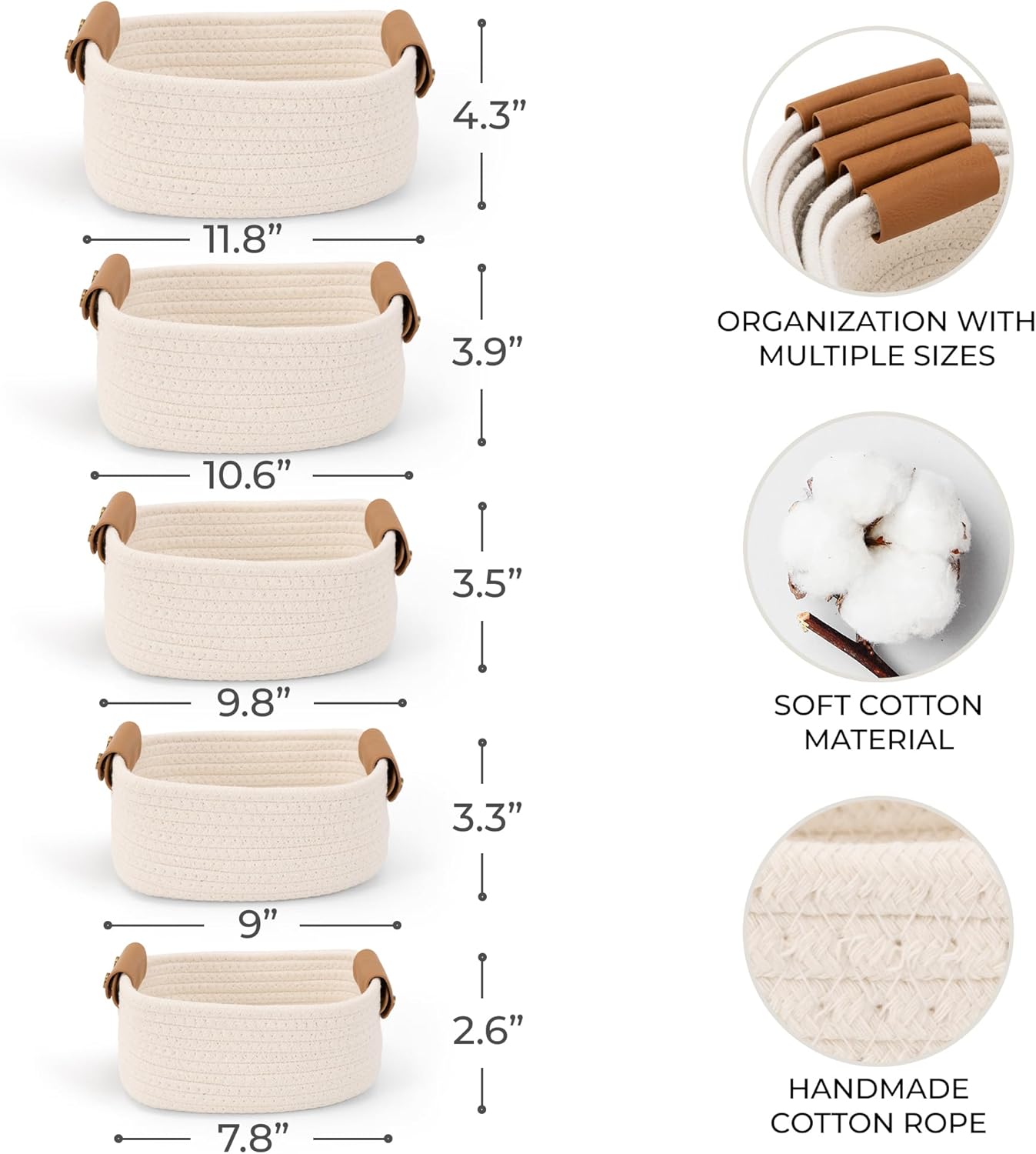 Storage Basket / Sturdy Cotton Rope Baskets / Beige / Set of 5