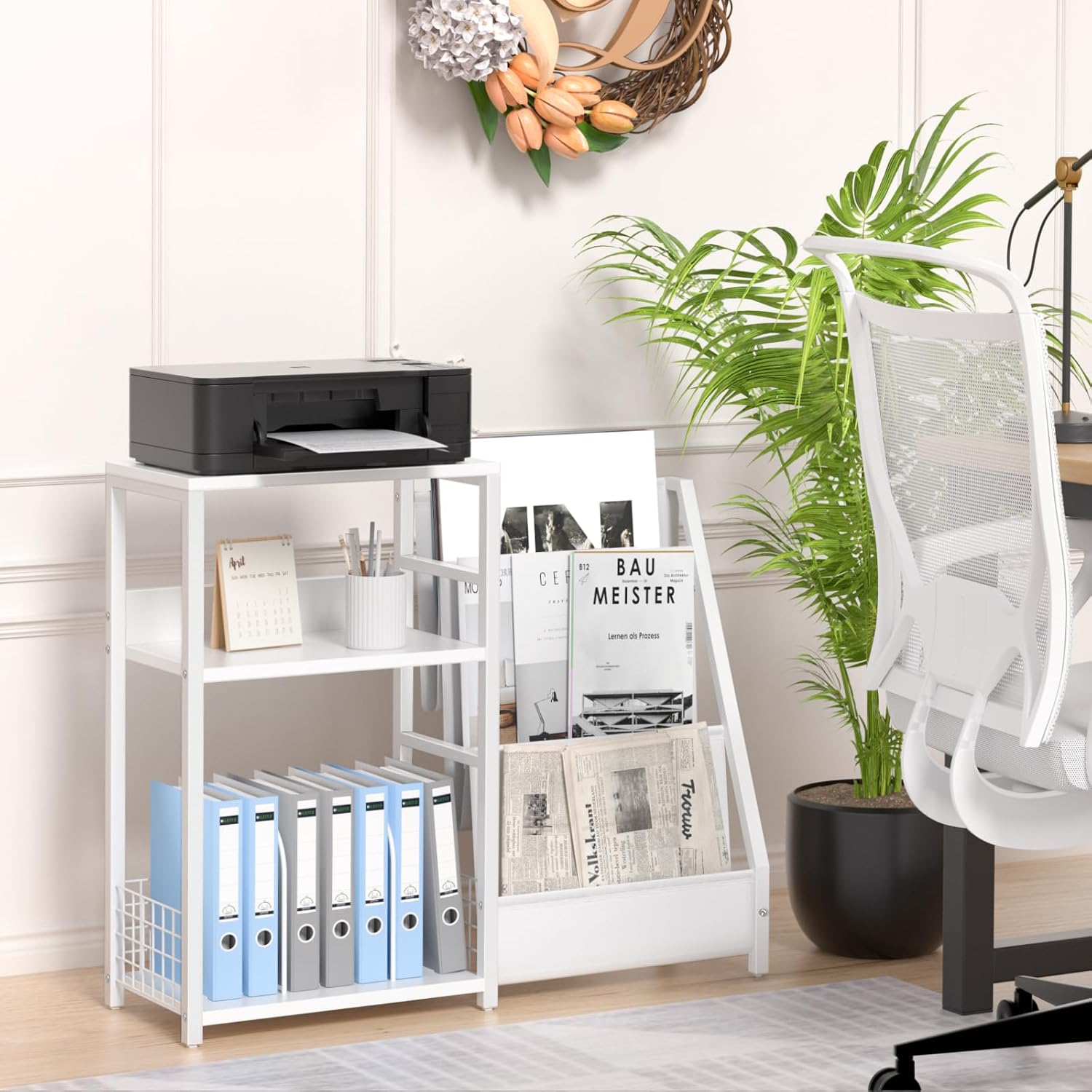 Record Player Table,Turntable Shelf with Vinyl Storage Up to 150 Albums,White Side Table with 3 Tier Magazine