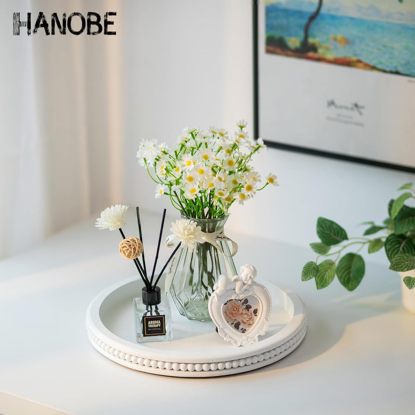Beaded Round Serving Tray Modern Farmhouse Wooden Circle Centerpiece Tray / 11.8 / White