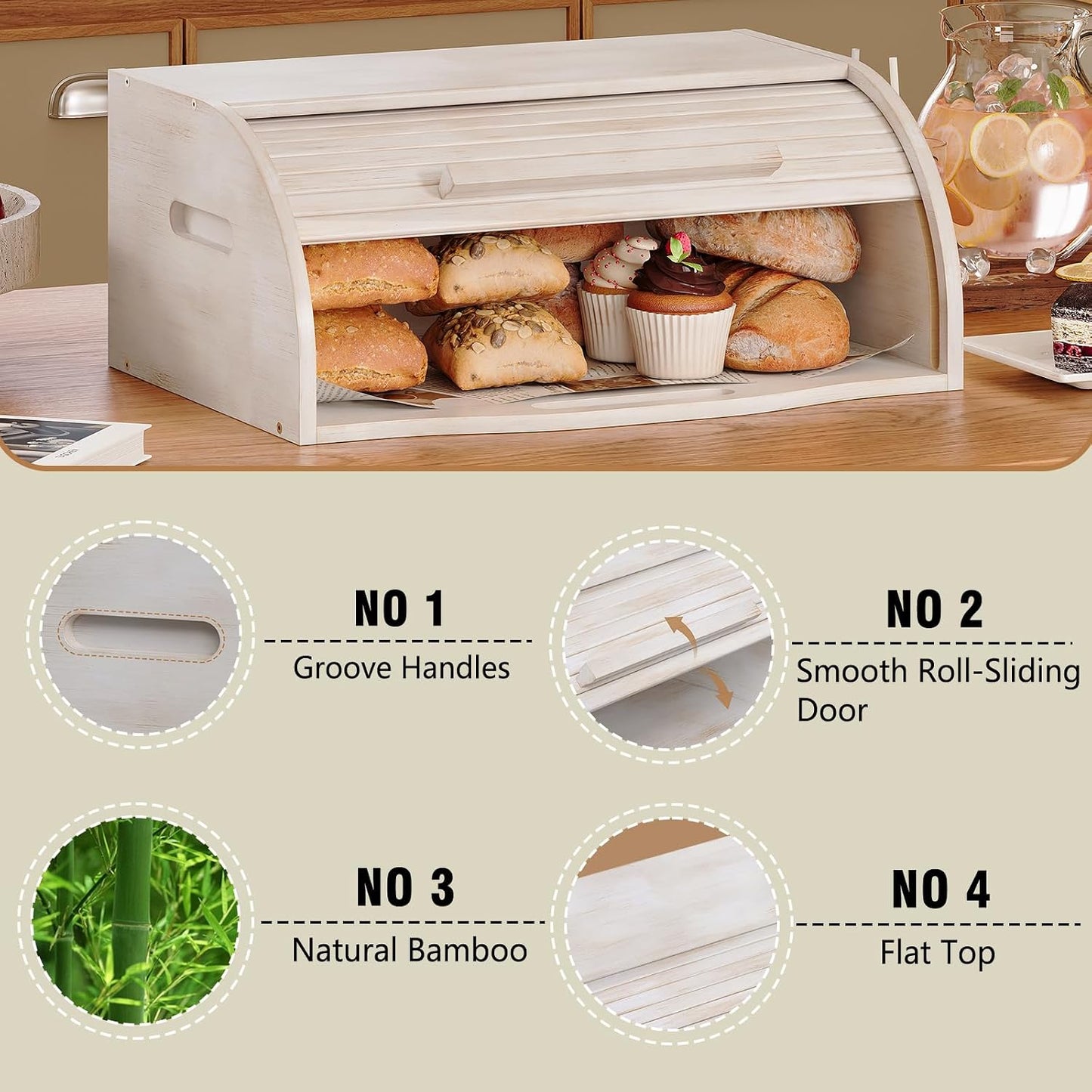 Trironsun Bamboo Roll Top Bread Box for Kitchen Countertop Large Capacity Bread Storage Bin Wooden Bread Storage
